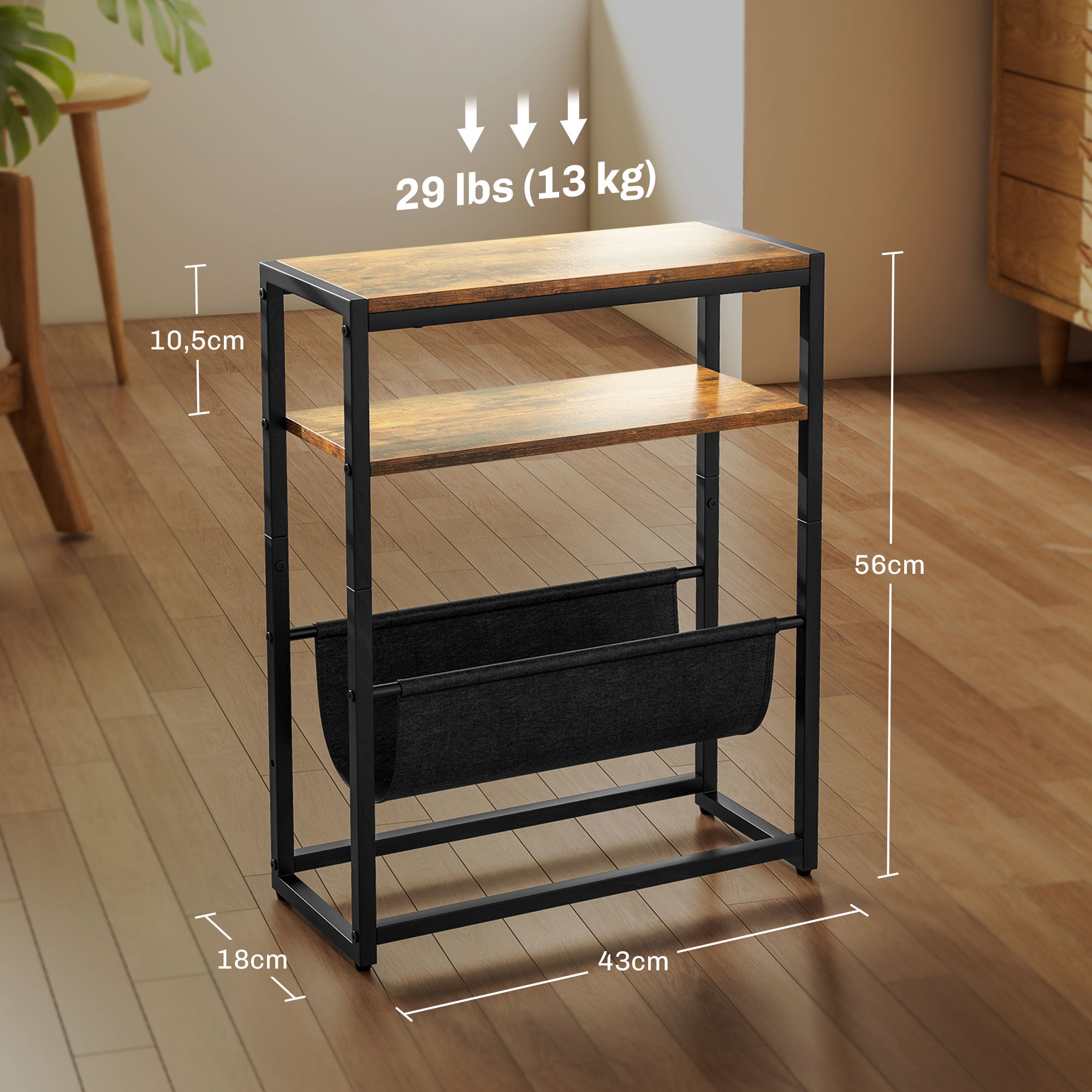 End Table Side Table Entry Table with Shelf and Magazine Rack Industrial Design - 43L x 18W x 56H cm Dark Brown
