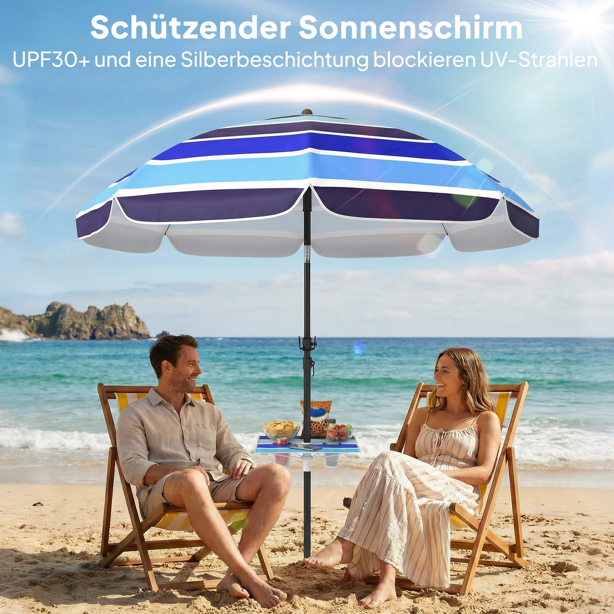 Beach Umbrella Ø78 in (198 cm) UV30+ with Foldable Table & Drink Holders, Adjustable Tilt, Balcony/Travel Parasol with Carry Bag — Multicolor/Black