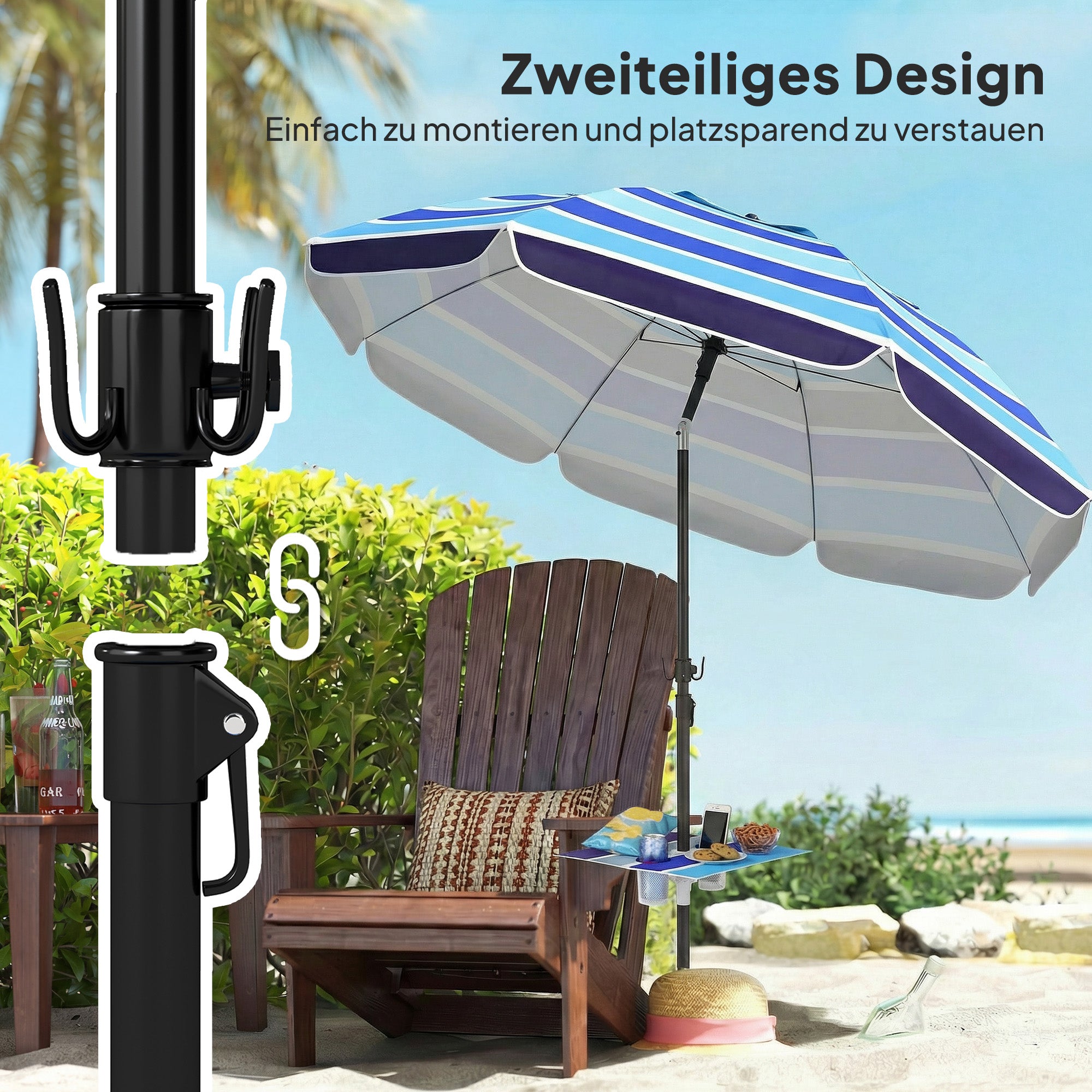 Beach Umbrella Ø78 in (198 cm) UV30+ with Foldable Table & Drink Holders, Adjustable Tilt, Balcony/Travel Parasol with Carry Bag — Multicolor/Black