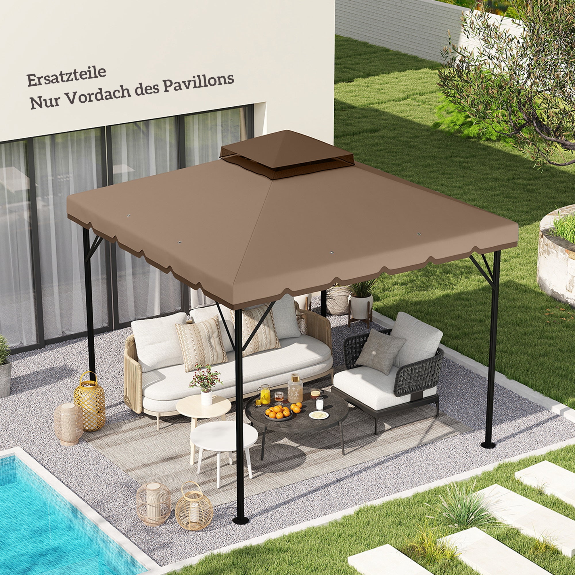 Replacement Canopy for 3 x 3 m Gazebo — Water-Resistant Double Roof with Drainage Holes, Polyester Cover, Khaki
