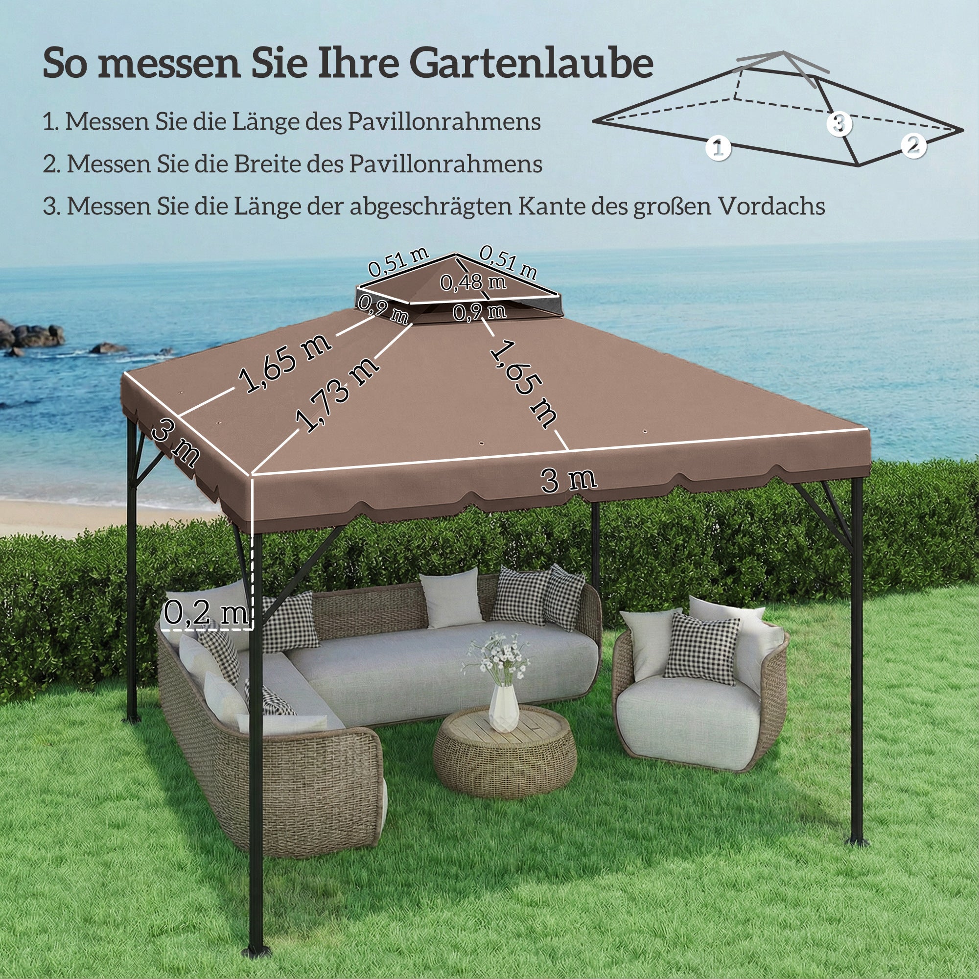 Replacement Canopy for 3 x 3 m Gazebo — Water-Resistant Double Roof with Drainage Holes, Polyester Cover, Khaki