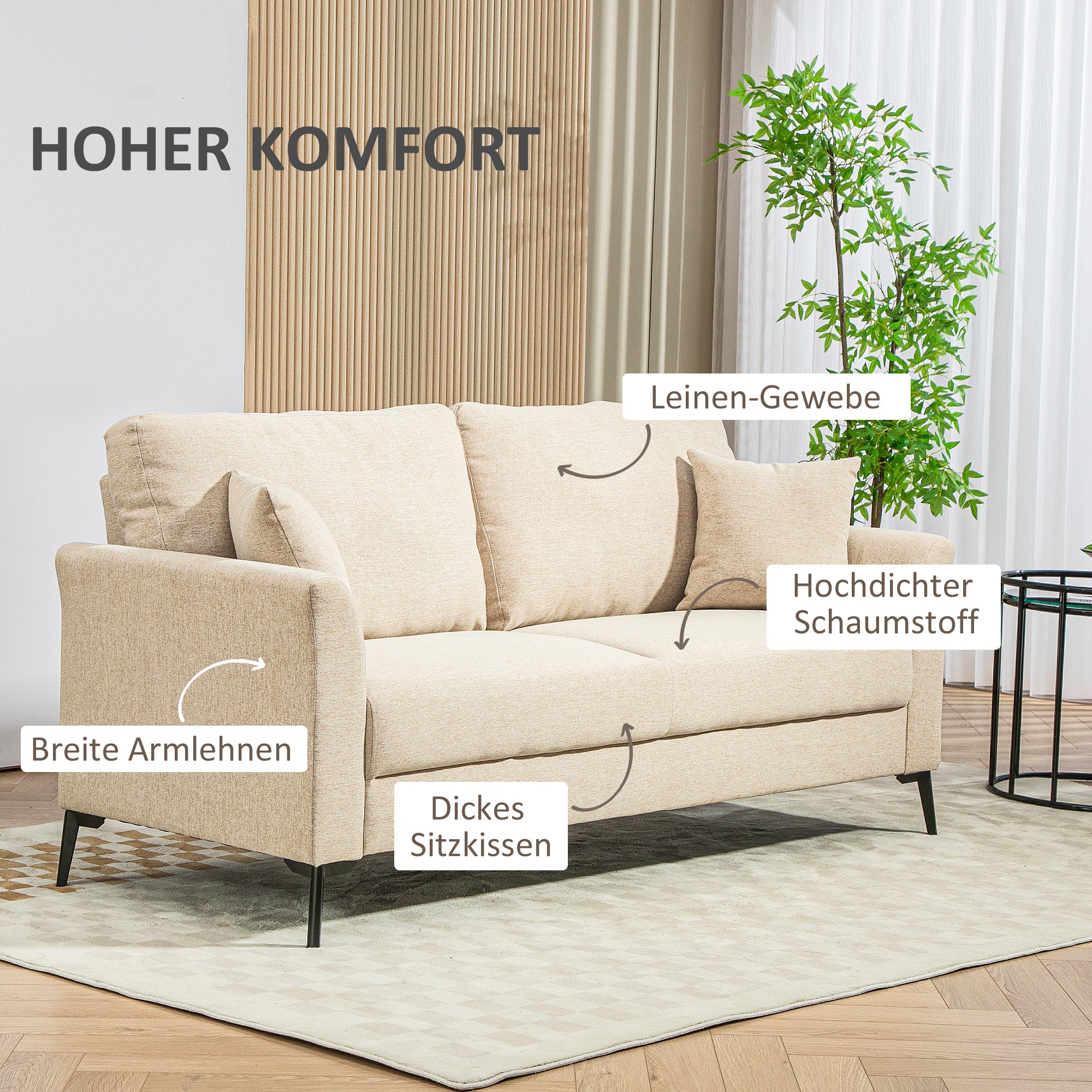 2-Seater Sofa, Couch with Linen Look, Metal Legs, Upholstered Double Sofa for Living Room, Bedroom, 179 x 80 x 89 cm, Beige