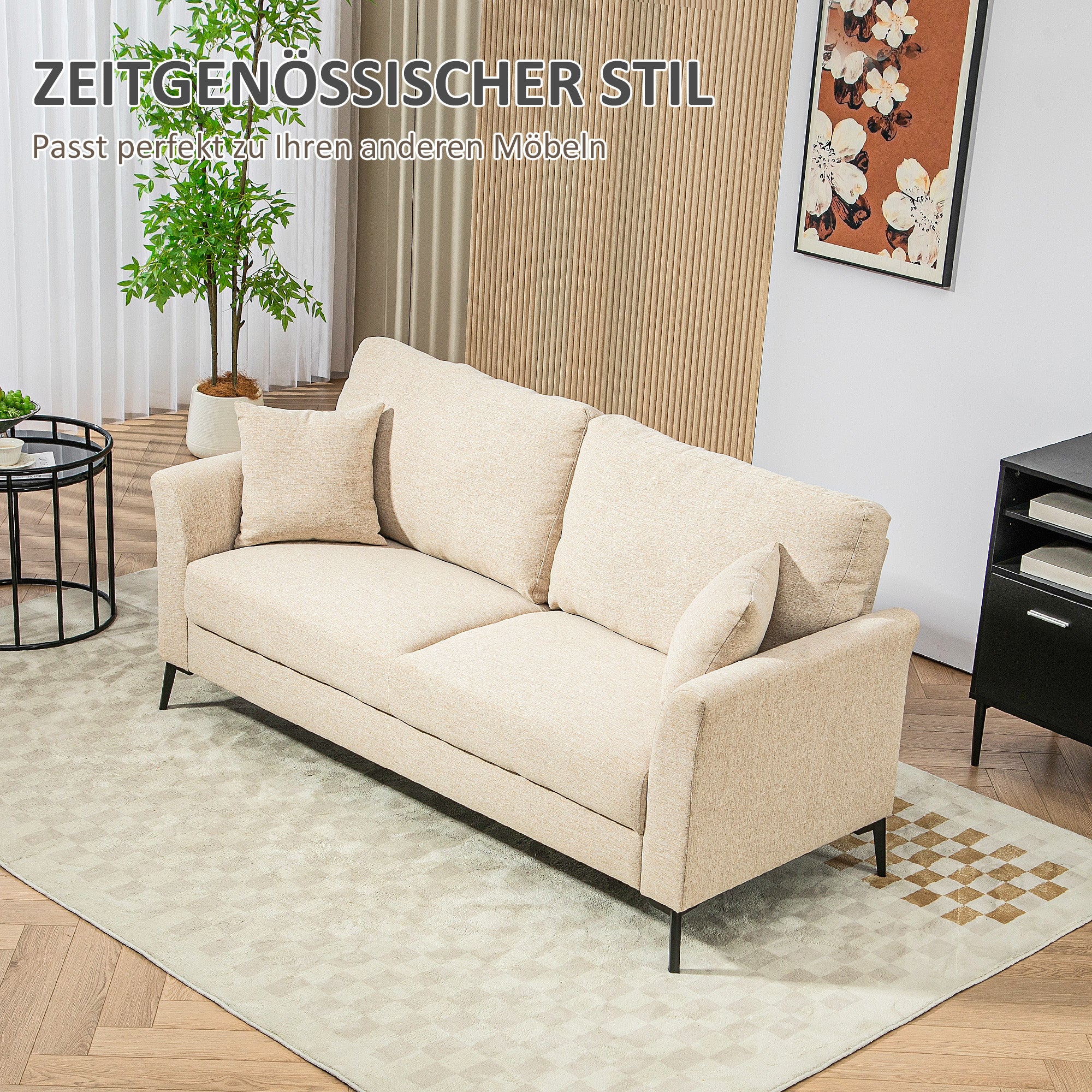 2-Seater Sofa, Couch with Linen Look, Metal Legs, Upholstered Double Sofa for Living Room, Bedroom, 179 x 80 x 89 cm, Beige