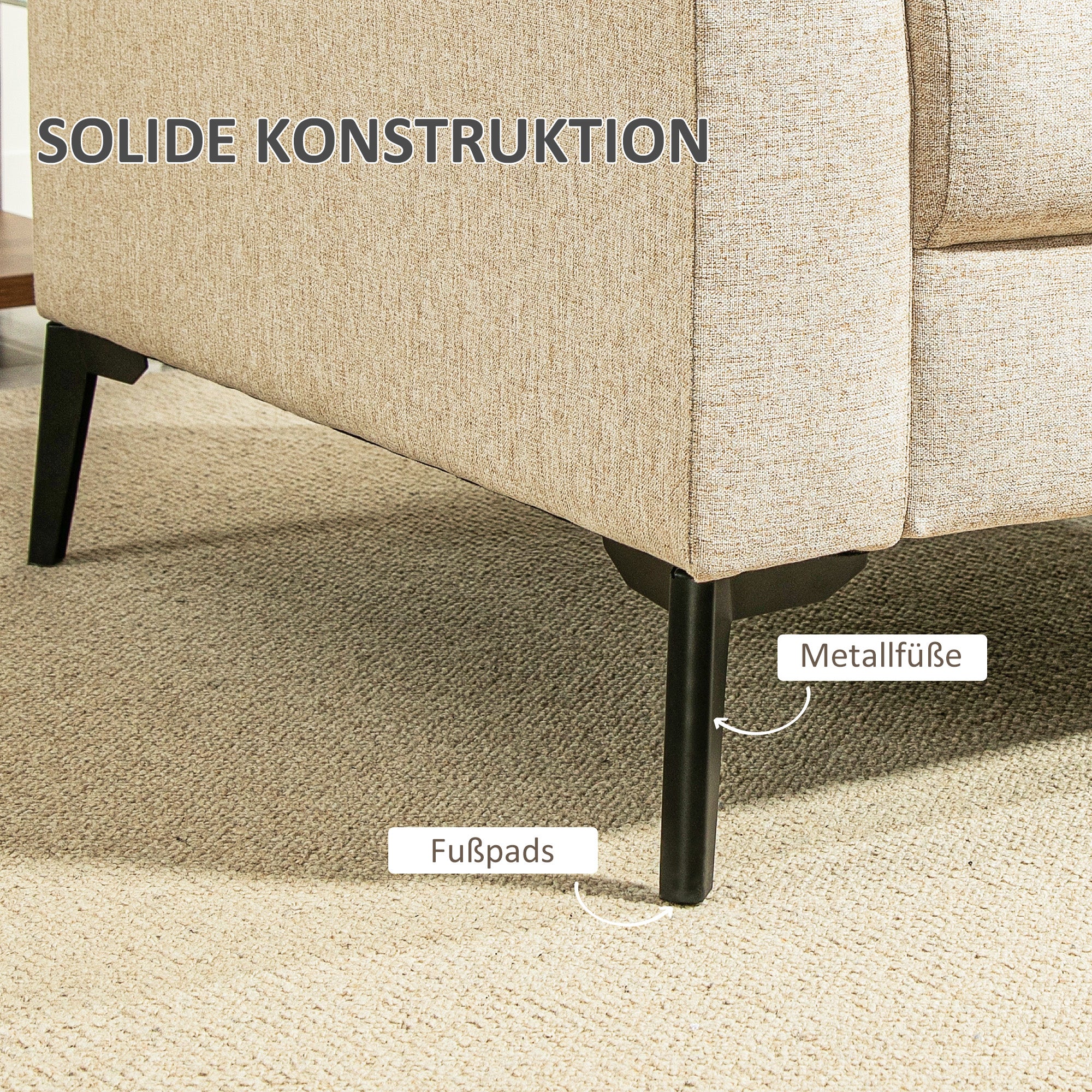 2-Seater Sofa, Couch with Linen Look, Metal Legs, Upholstered Double Sofa for Living Room, Bedroom, 179 x 80 x 89 cm, Beige