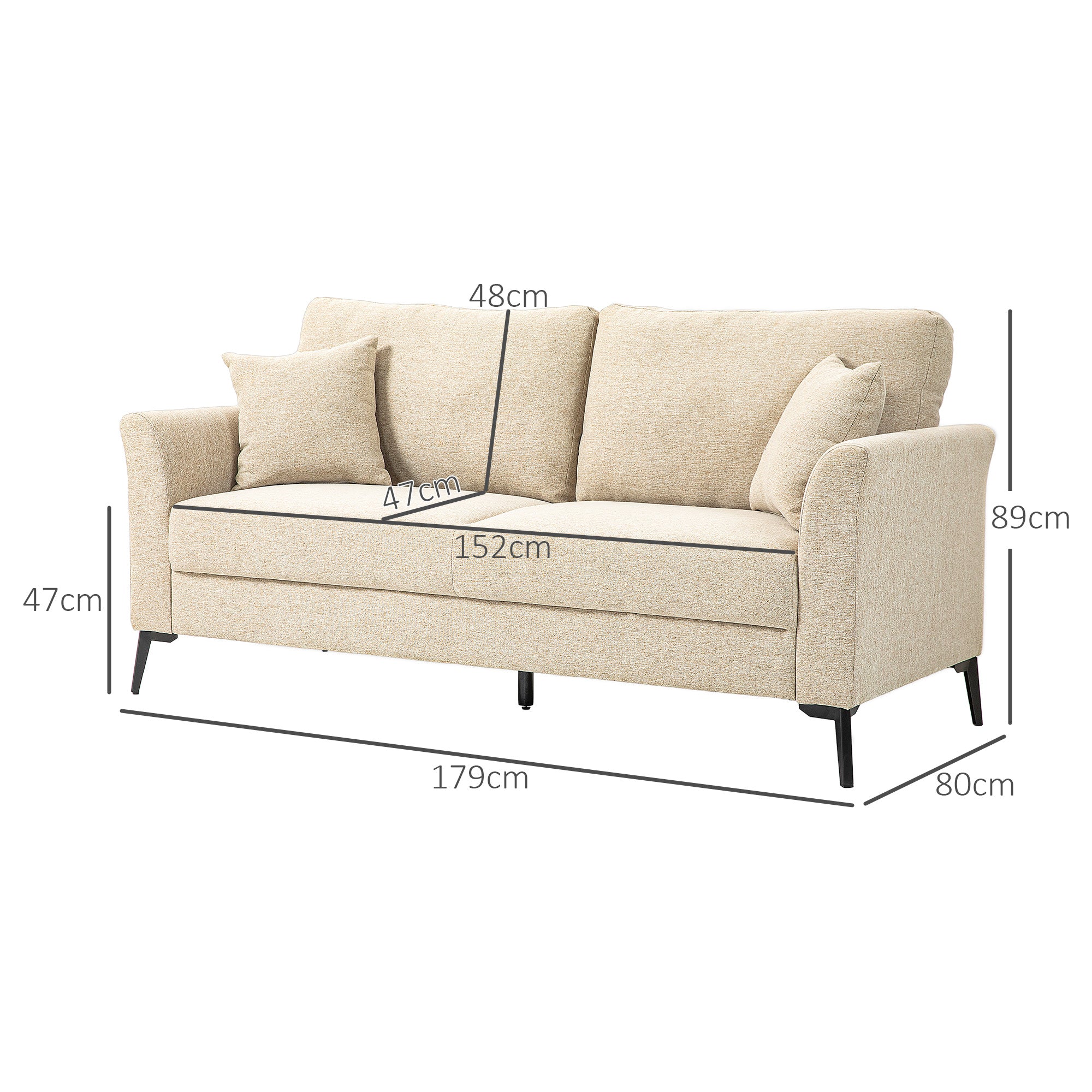 2-Seater Sofa, Couch with Linen Look, Metal Legs, Upholstered Double Sofa for Living Room, Bedroom, 179 x 80 x 89 cm, Beige