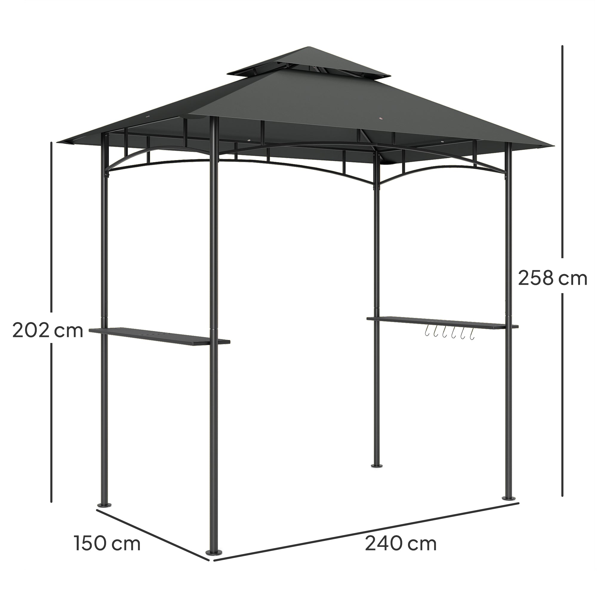 BBQ Pavilion with LED 240 x 150 x 258 cm water-resistant fire-retardant Garden Pavilion with double-layer canopy, side shelves, garden pergola with UV protection, BBQ Pavilion for Party BBQ Dark Gray
