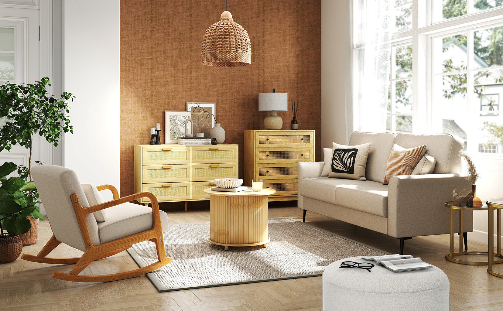 Modern living room with beige sofa, armchair, and wooden coffee table.
