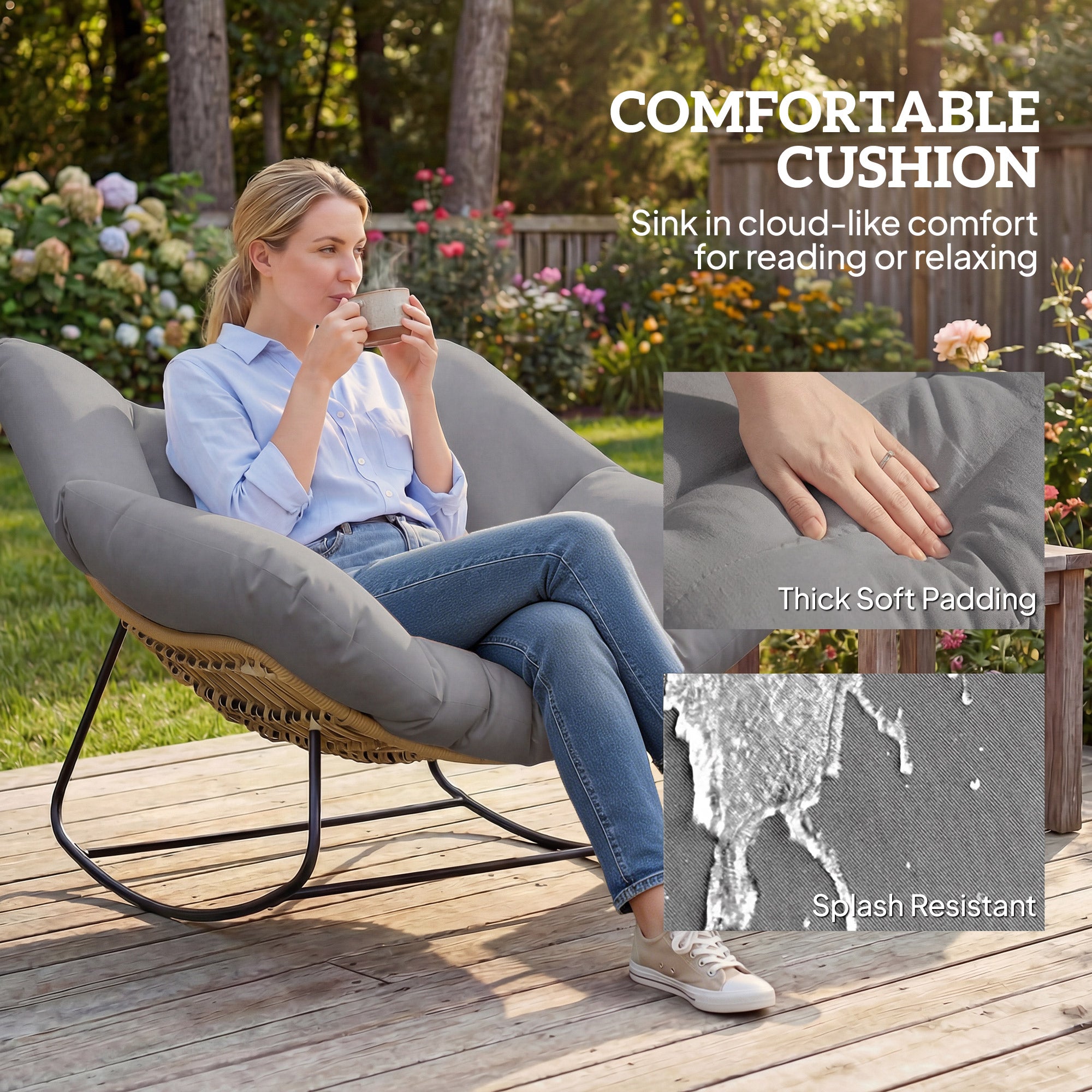 Swing Chair with Cushion — Weatherproof Outdoor/Indoor Egg Chair, Gray, Supports up to 265 lb