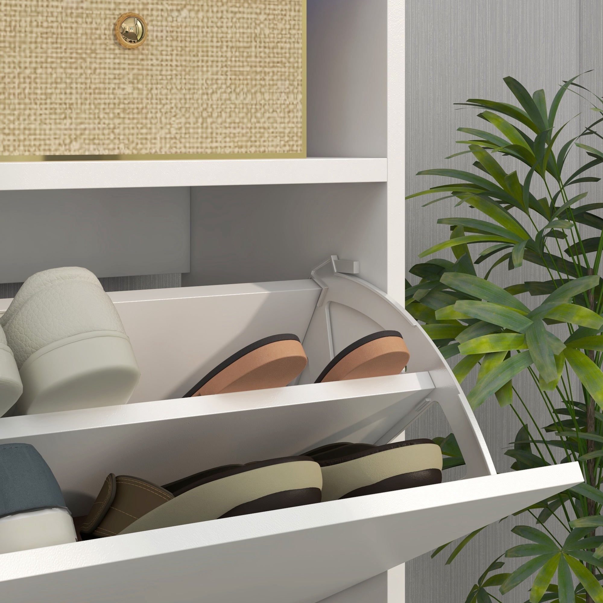 Entryway Shoe Cabinet Shoe Storage Organizer Wall-Mounted or Freestanding with LED Lights Open Shelf and 2 Flip-Down Drawers for 12-16 Pairs of Shoes 80x24x99.5 cm Bright White