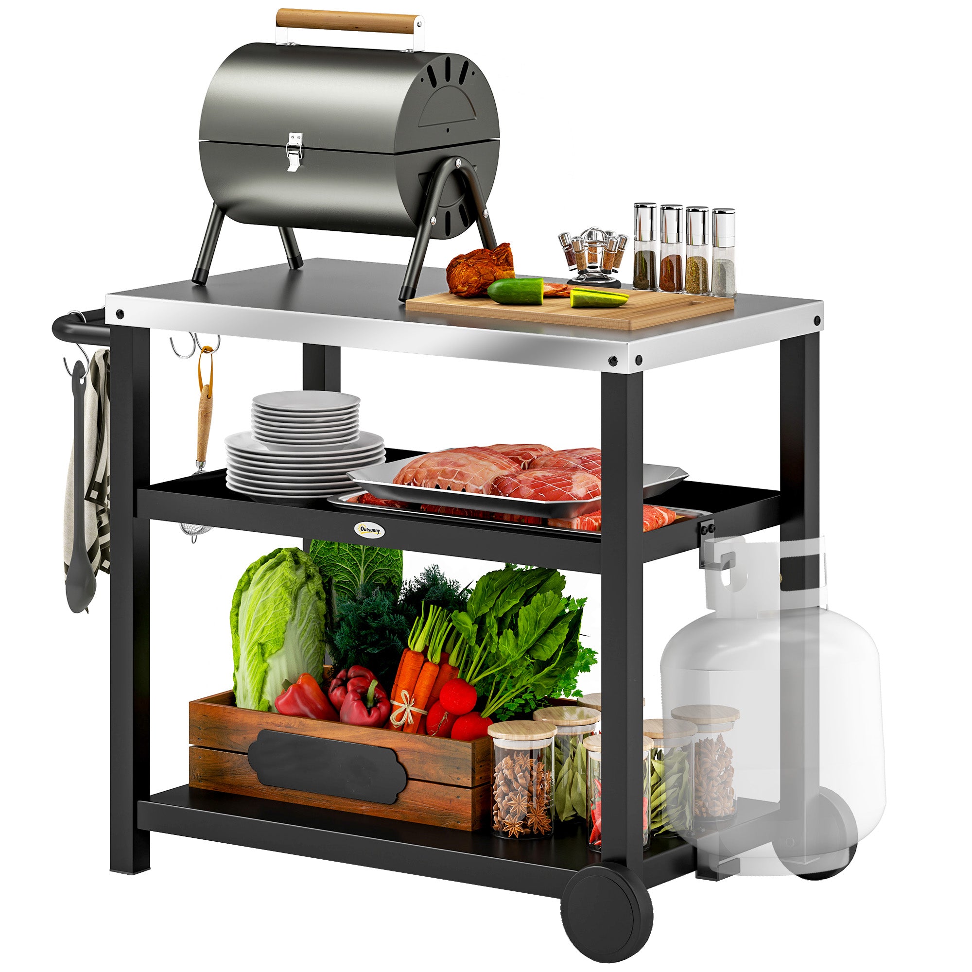 Grill Cart 3-Tier Serving Trolley with Work Surface Shelves Hooks Wheels, Stainless Steel BBQ Grill Table, Grill Side Table, Outdoor Utility Cart, Charcoal BBQ for Garden Grill 102x50x81cm Charcoal Gray
