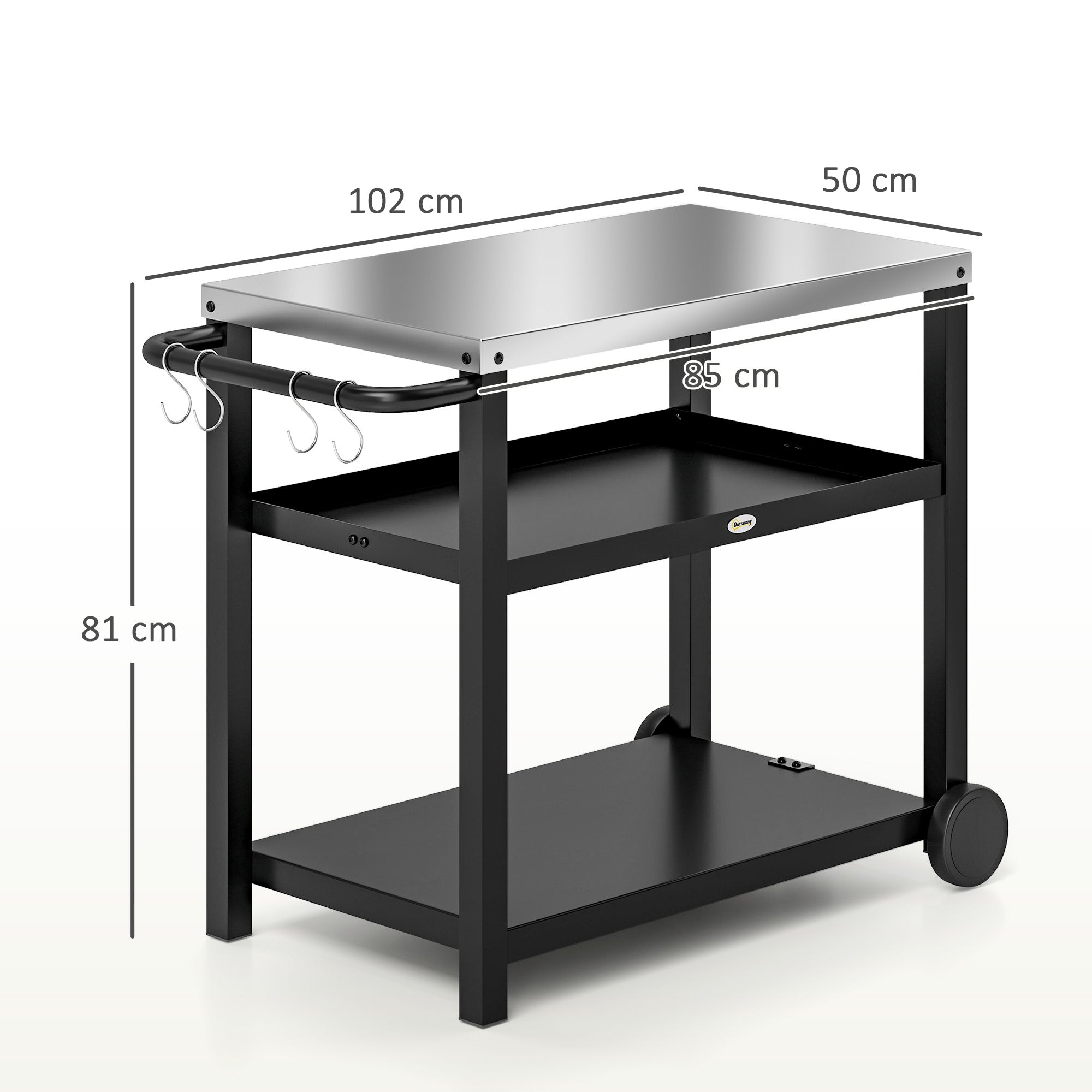 Grill Cart 3-Tier Serving Trolley with Work Surface Shelves Hooks Wheels, Stainless Steel BBQ Grill Table, Grill Side Table, Outdoor Utility Cart, Charcoal BBQ for Garden Grill 102x50x81cm Charcoal Gray