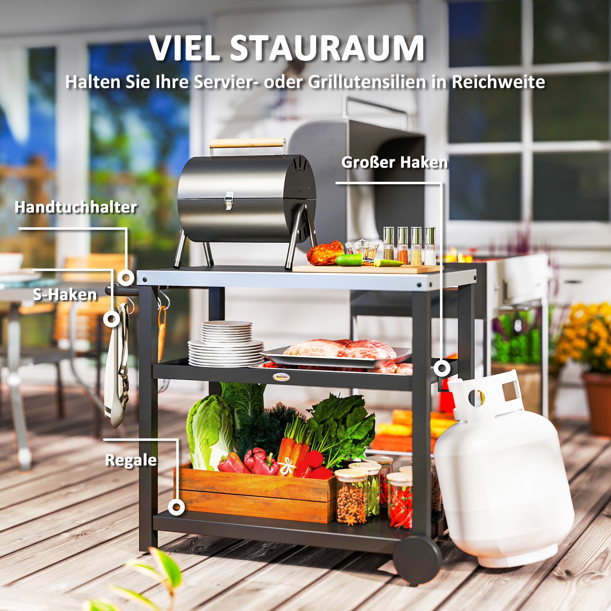 Grill Cart 3-Tier Serving Trolley with Work Surface Shelves Hooks Wheels, Stainless Steel BBQ Grill Table, Grill Side Table, Outdoor Utility Cart, Charcoal BBQ for Garden Grill 102x50x81cm Charcoal Gray