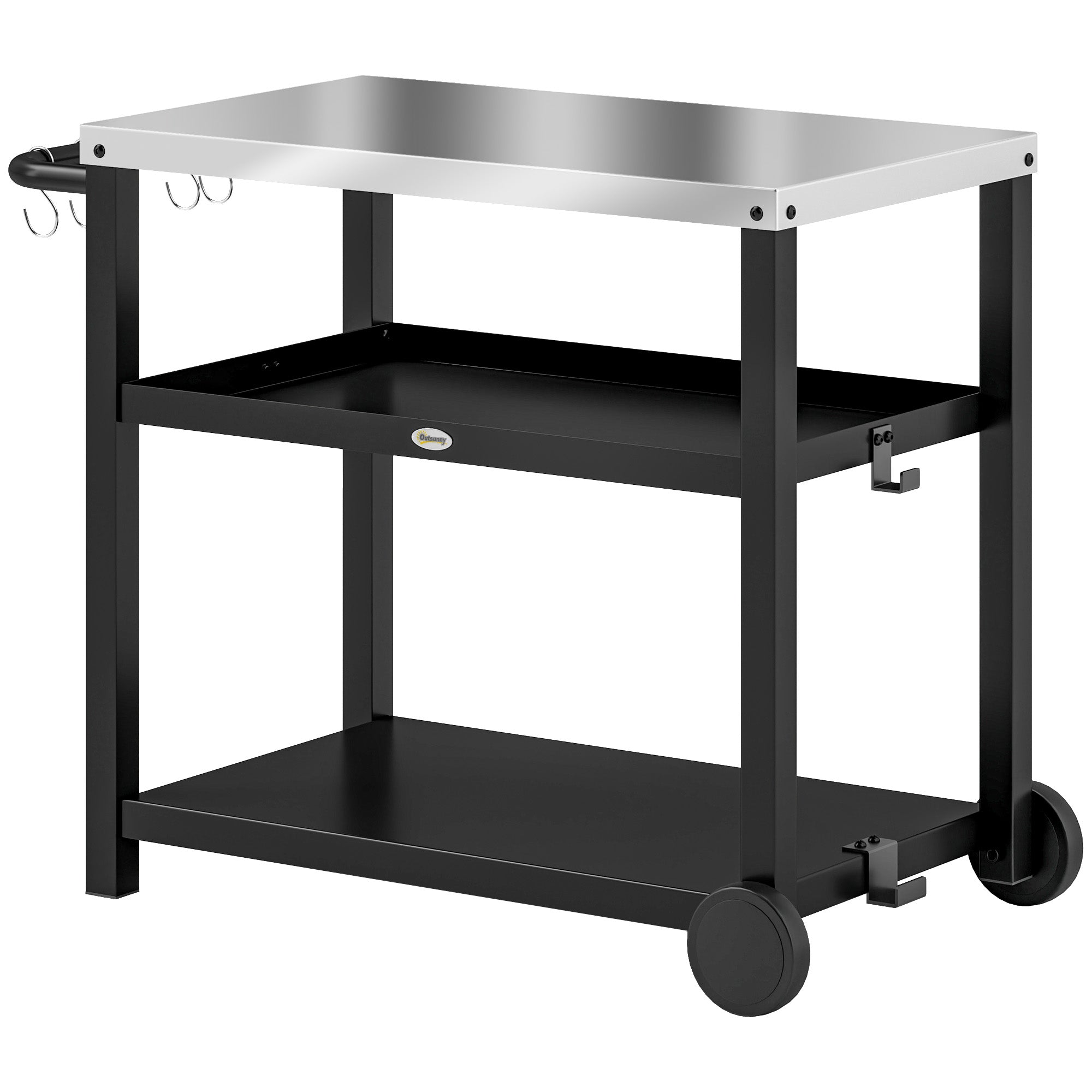 Grill Cart 3-Tier Serving Trolley with Work Surface Shelves Hooks Wheels, Stainless Steel BBQ Grill Table, Grill Side Table, Outdoor Utility Cart, Charcoal BBQ for Garden Grill 102x50x81cm Charcoal Gray