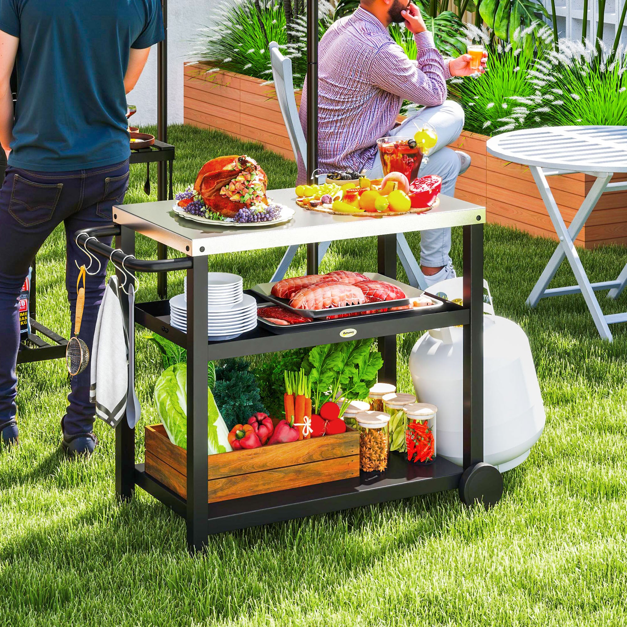 Grill Cart 3-Tier Serving Trolley with Work Surface Shelves Hooks Wheels, Stainless Steel BBQ Grill Table, Grill Side Table, Outdoor Utility Cart, Charcoal BBQ for Garden Grill 102x50x81cm Charcoal Gray