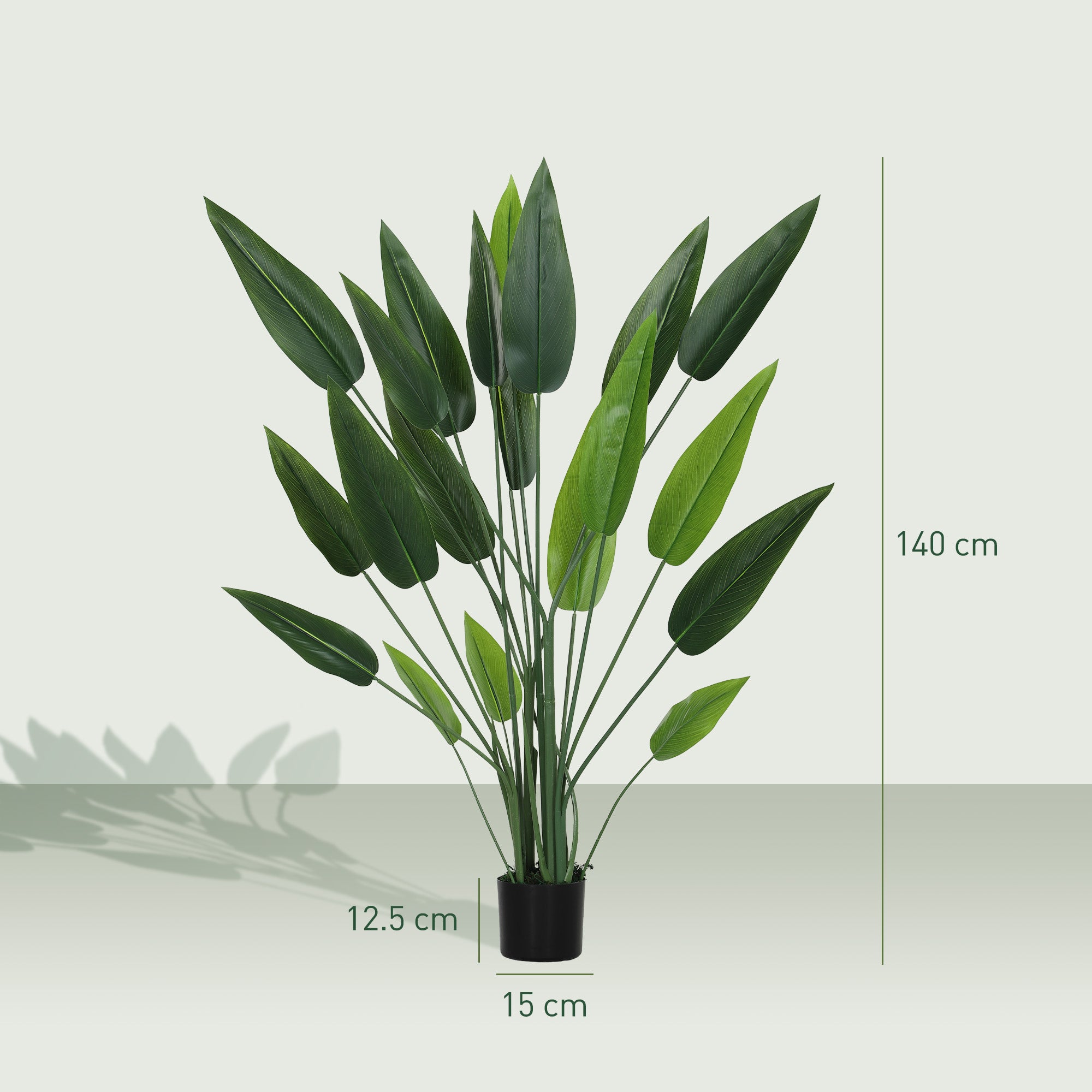 Artificial Green Bird of Paradise Plant with 20 Leaves of 140 cm, Decorative Fake Plant with Vase and Moss, Green Plant in PE, PEVA, and PP