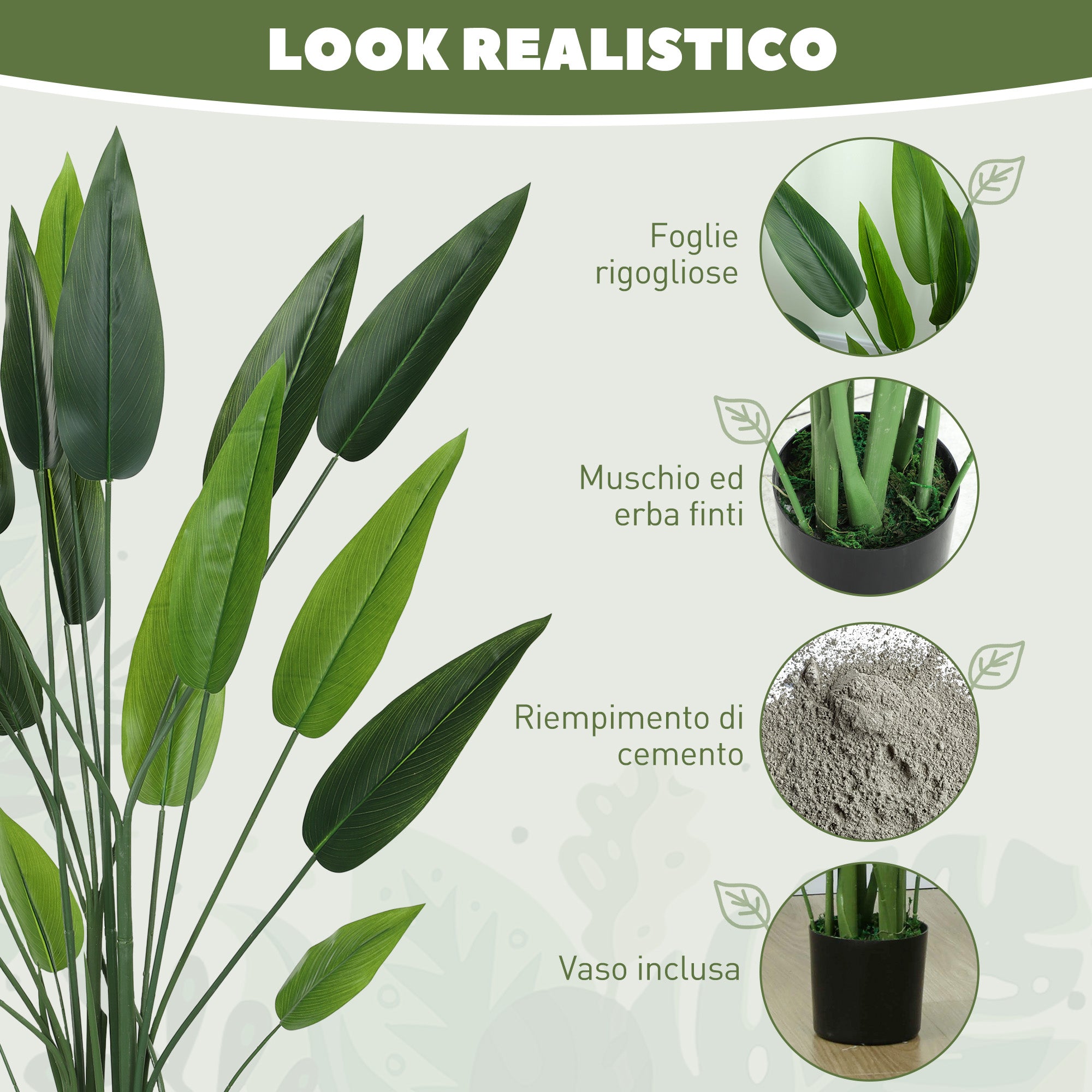 Artificial Green Bird of Paradise Plant with 20 Leaves of 140 cm, Decorative Fake Plant with Vase and Moss, Green Plant in PE, PEVA, and PP