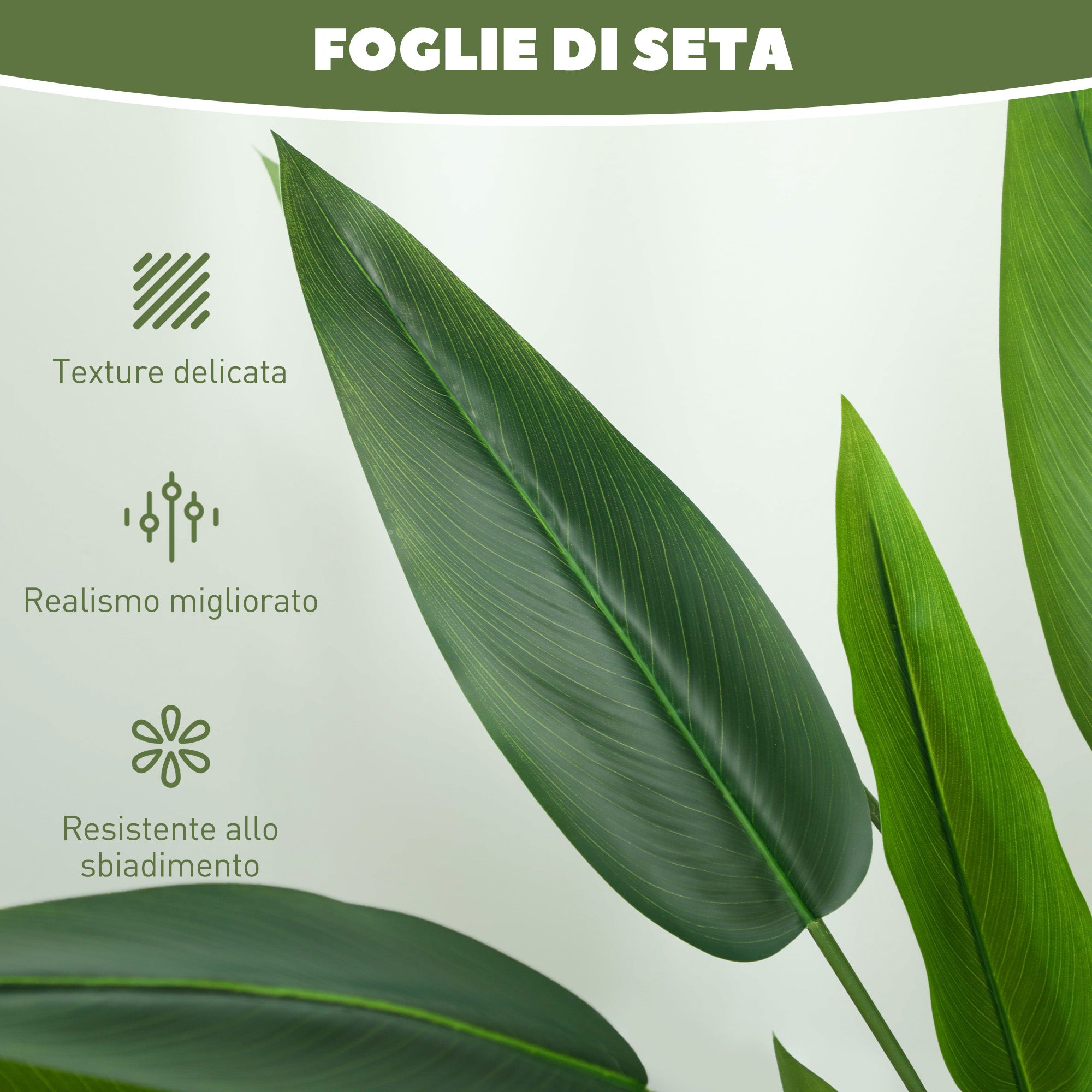 Artificial Green Bird of Paradise Plant with 20 Leaves of 140 cm, Decorative Fake Plant with Vase and Moss, Green Plant in PE, PEVA, and PP