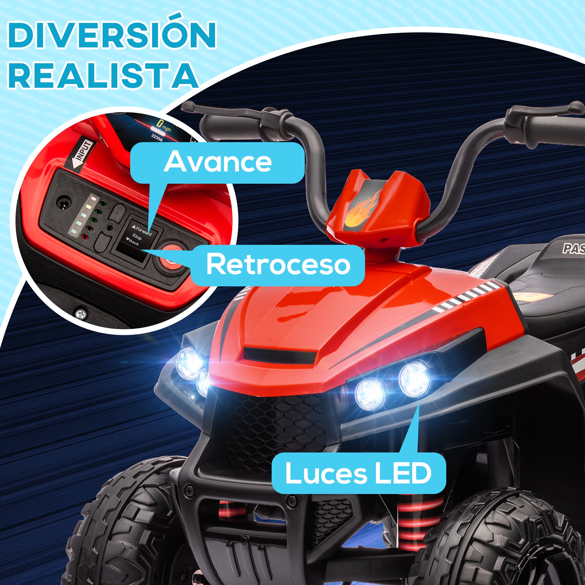 12V Battery-Powered Kids Electric Quad Electric Car for Kids +3 Years Old with 5 km/h Speed, Headlights, Music MP3, Forward/Reverse, 30 kg Load Red