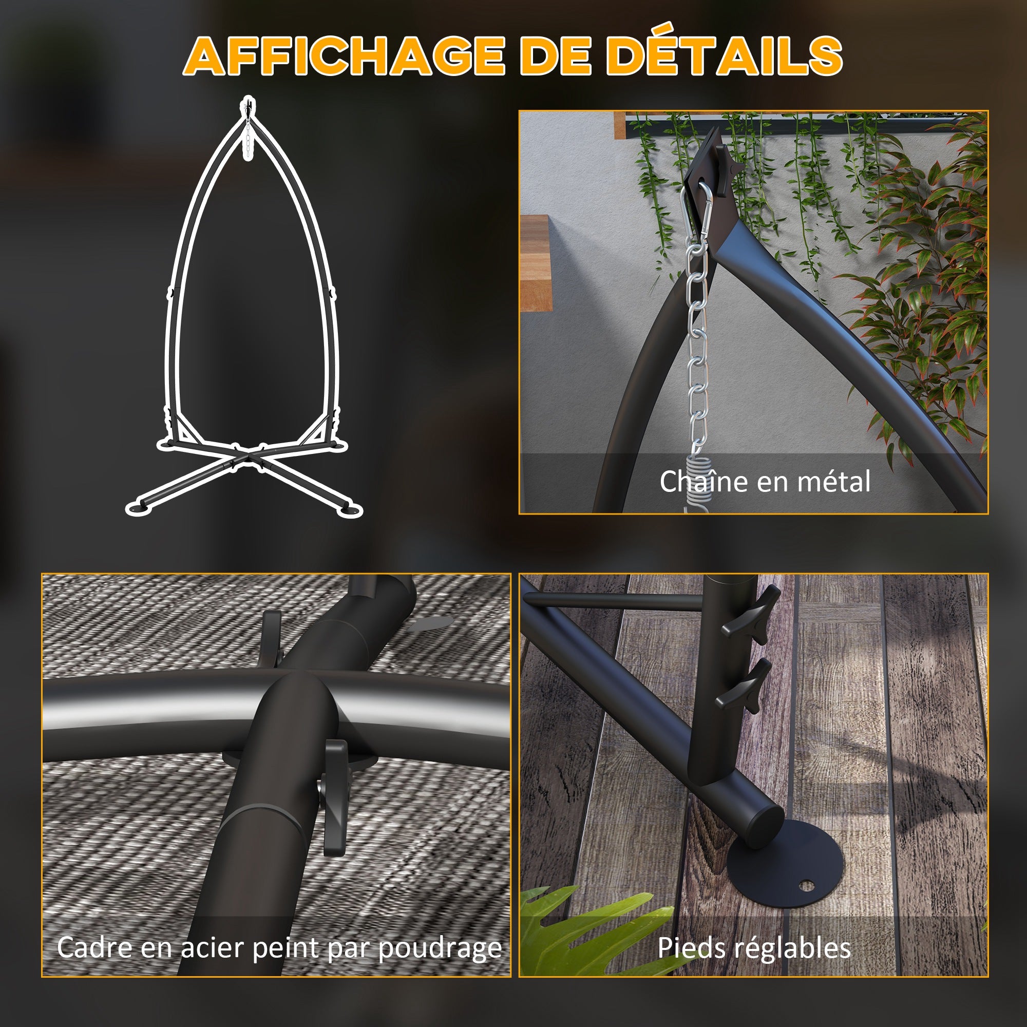 Hanging Chair Stand - Hanging Chair Stand, height 215 cm - Max recommended load 130 kg, black metal
