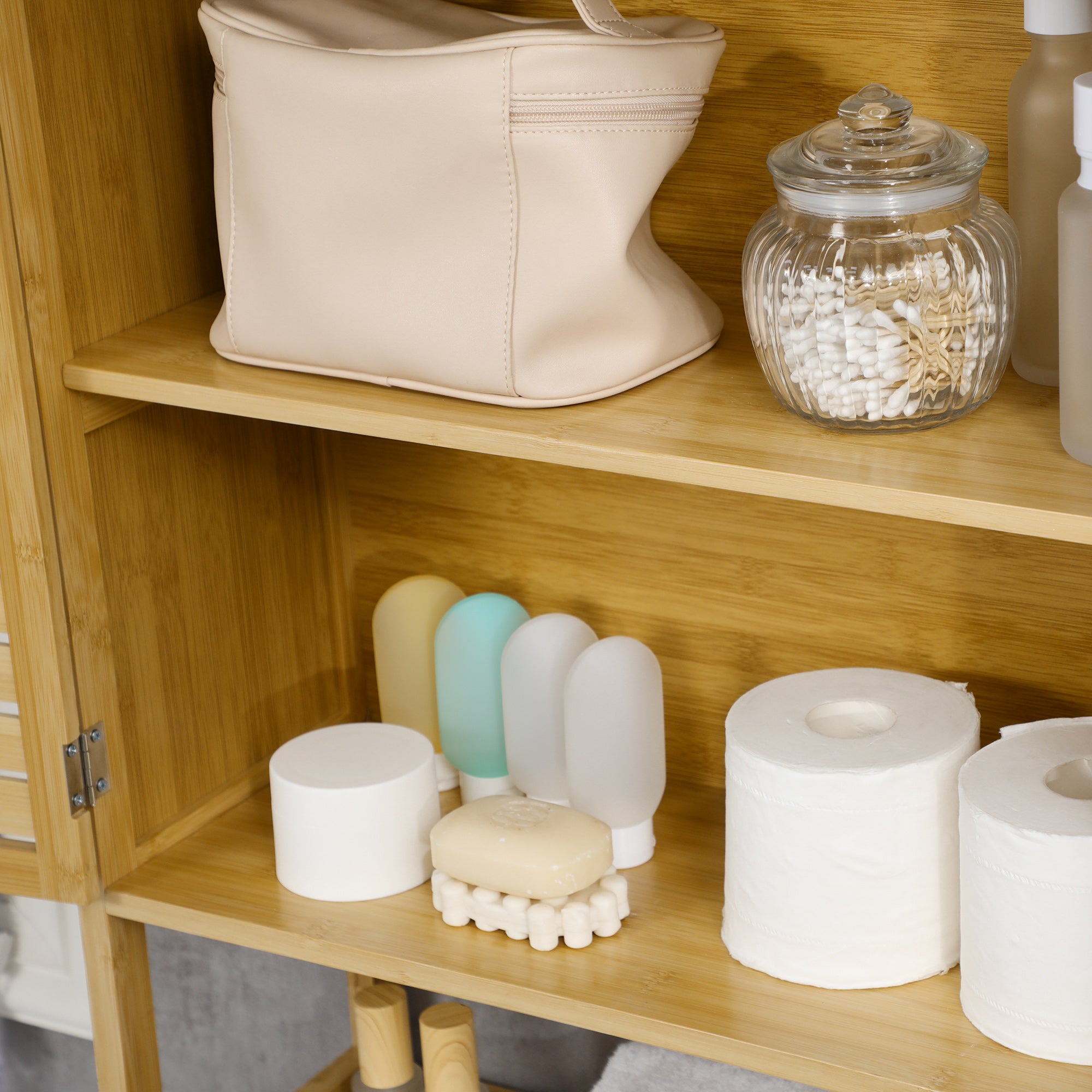 Bamboo Over-the-Toilet Cabinet High Bathroom Storage Cupboard with 2 Louvered Doors 1 Adjustable Shelf and 1 Open Shelf 60x23x173 cm Natural