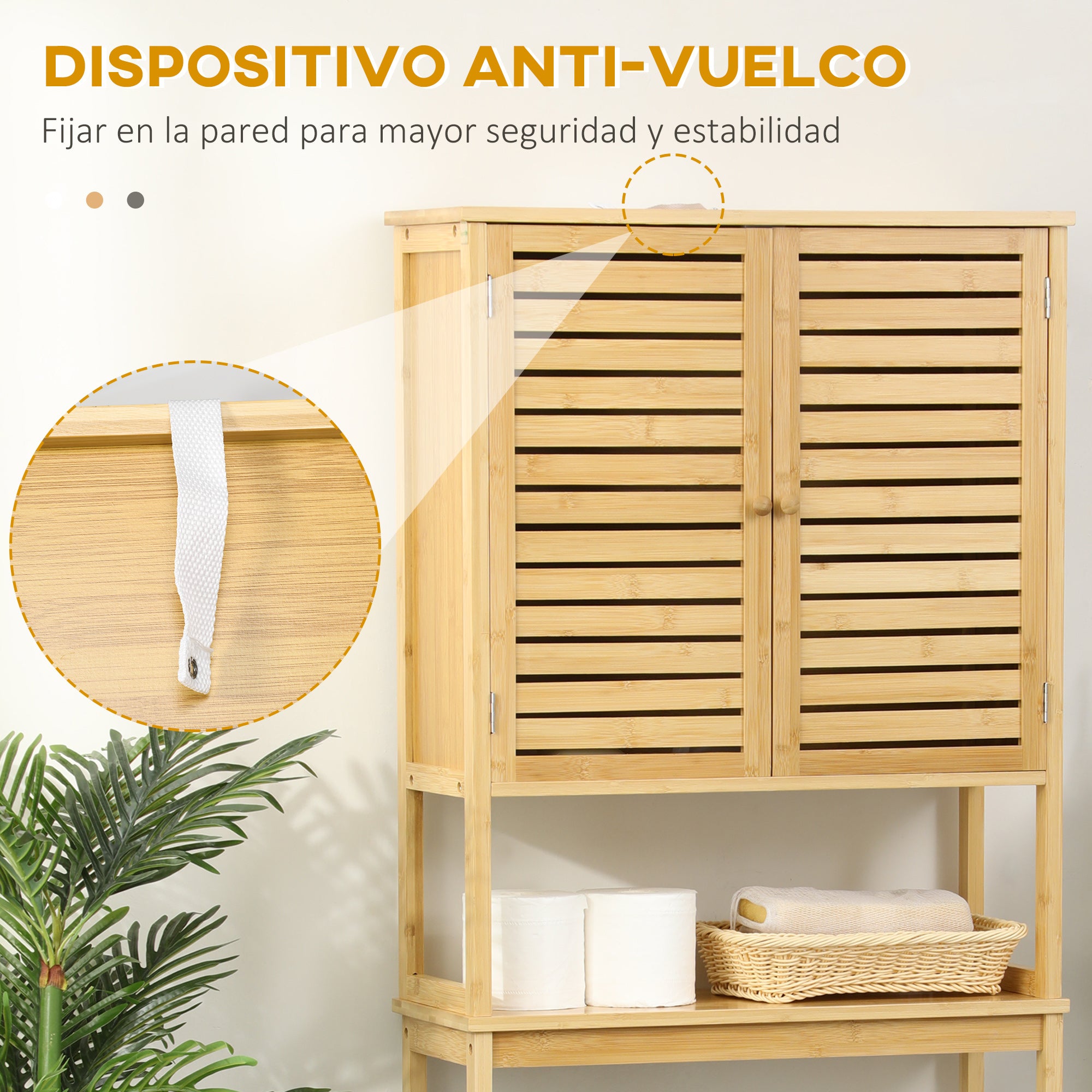 Bamboo Over-the-Toilet Cabinet High Bathroom Storage Cupboard with 2 Louvered Doors 1 Adjustable Shelf and 1 Open Shelf 60x23x173 cm Natural