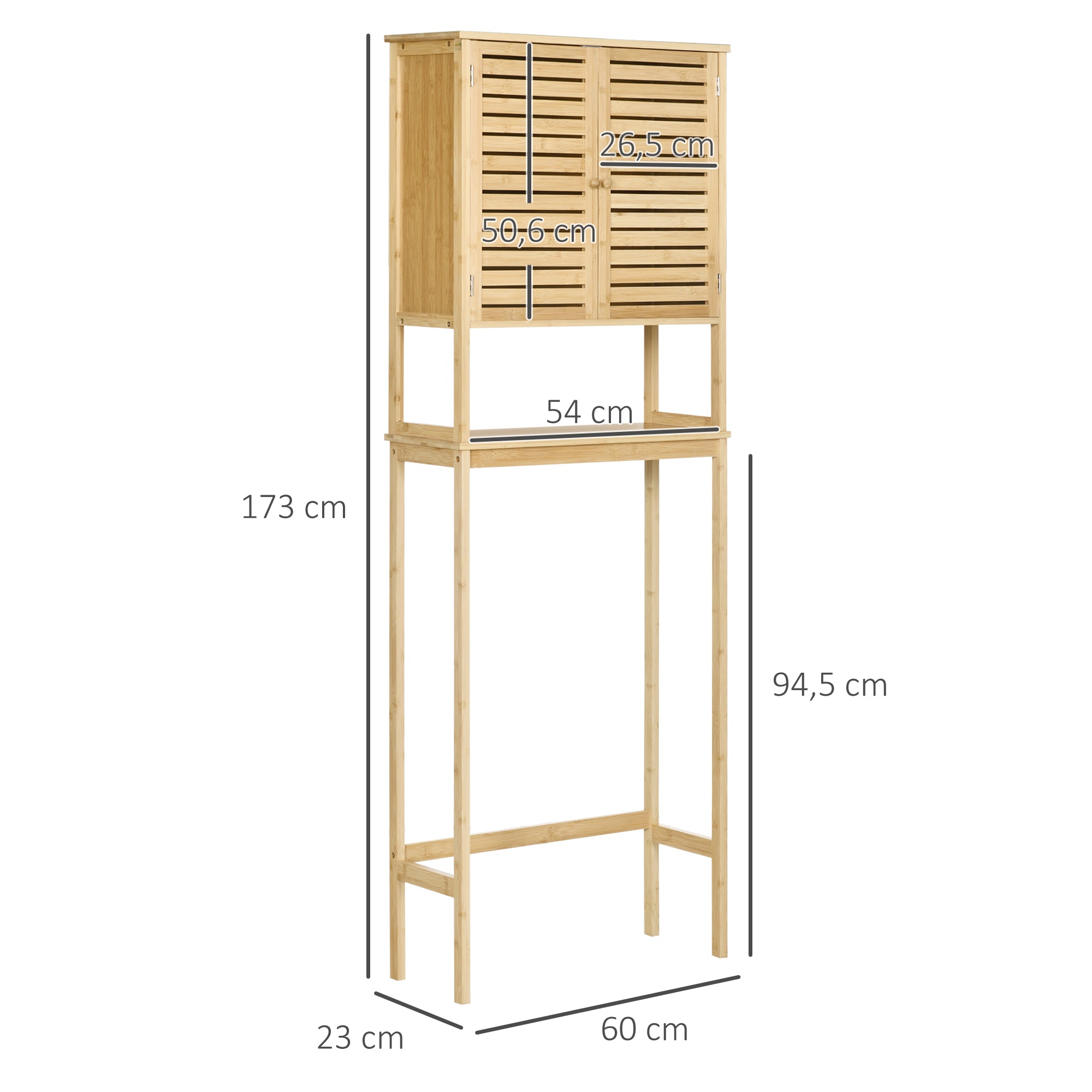 Bamboo Over-the-Toilet Cabinet High Bathroom Storage Cupboard with 2 Louvered Doors 1 Adjustable Shelf and 1 Open Shelf 60x23x173 cm Natural