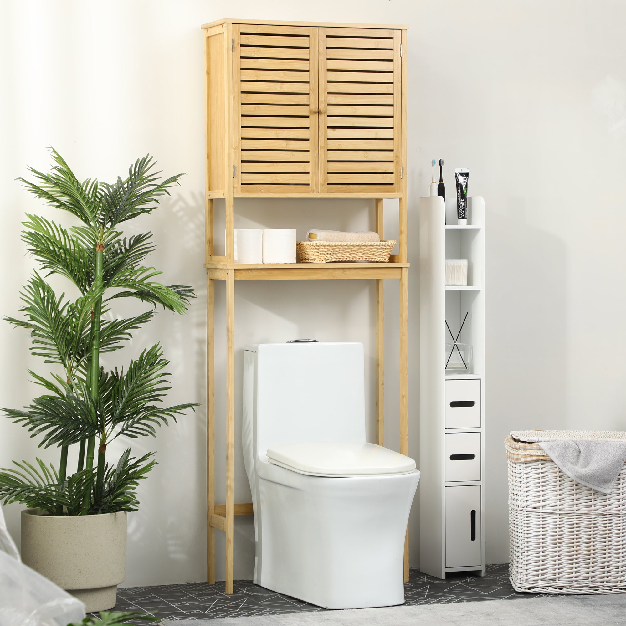 Bamboo Over-the-Toilet Cabinet High Bathroom Storage Cupboard with 2 Louvered Doors 1 Adjustable Shelf and 1 Open Shelf 60x23x173 cm Natural