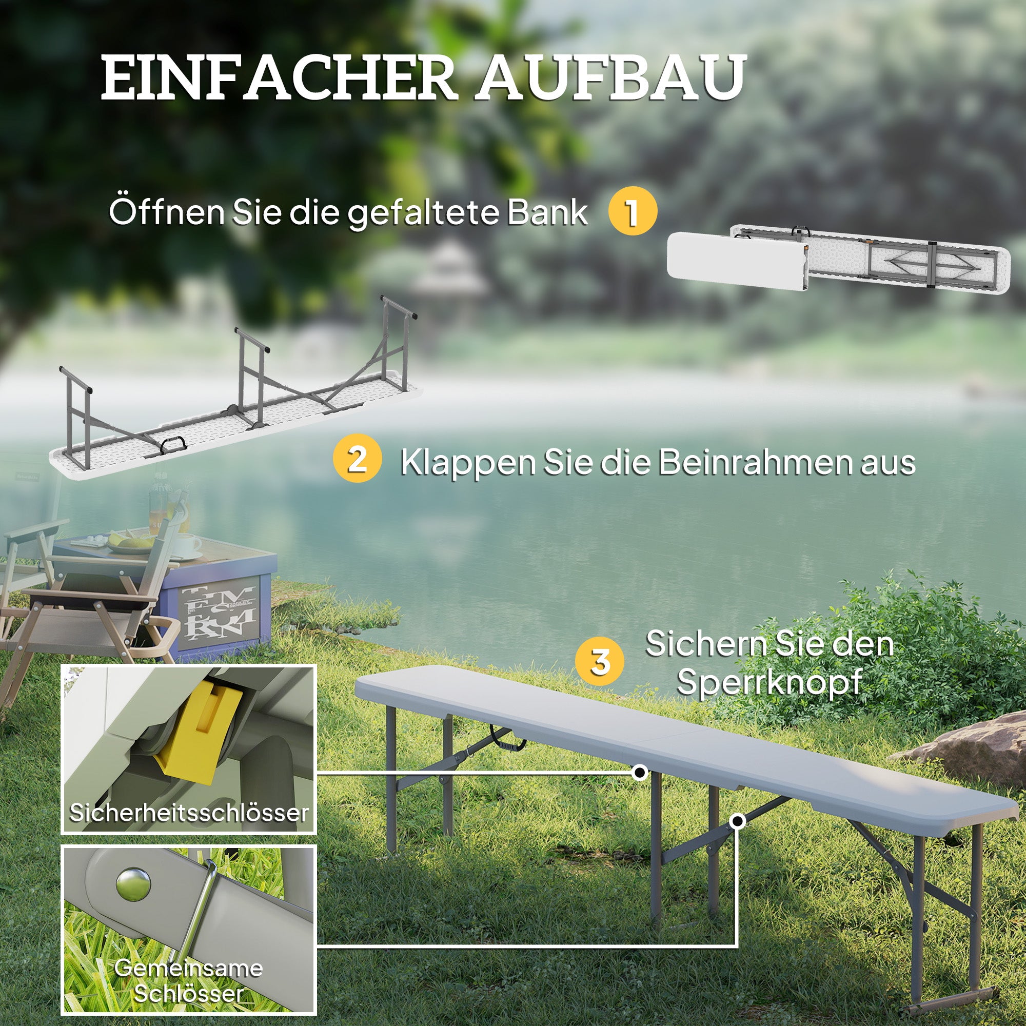 2-Piece Beer Bench Beer Tent Bench Folding Bench 8 People 182cm Foldable Party Bench with Handle, Metal Legs, HDPE Weatherproof Camping Bench for Indoor, Outdoor, Garden Bench up to 240kg White