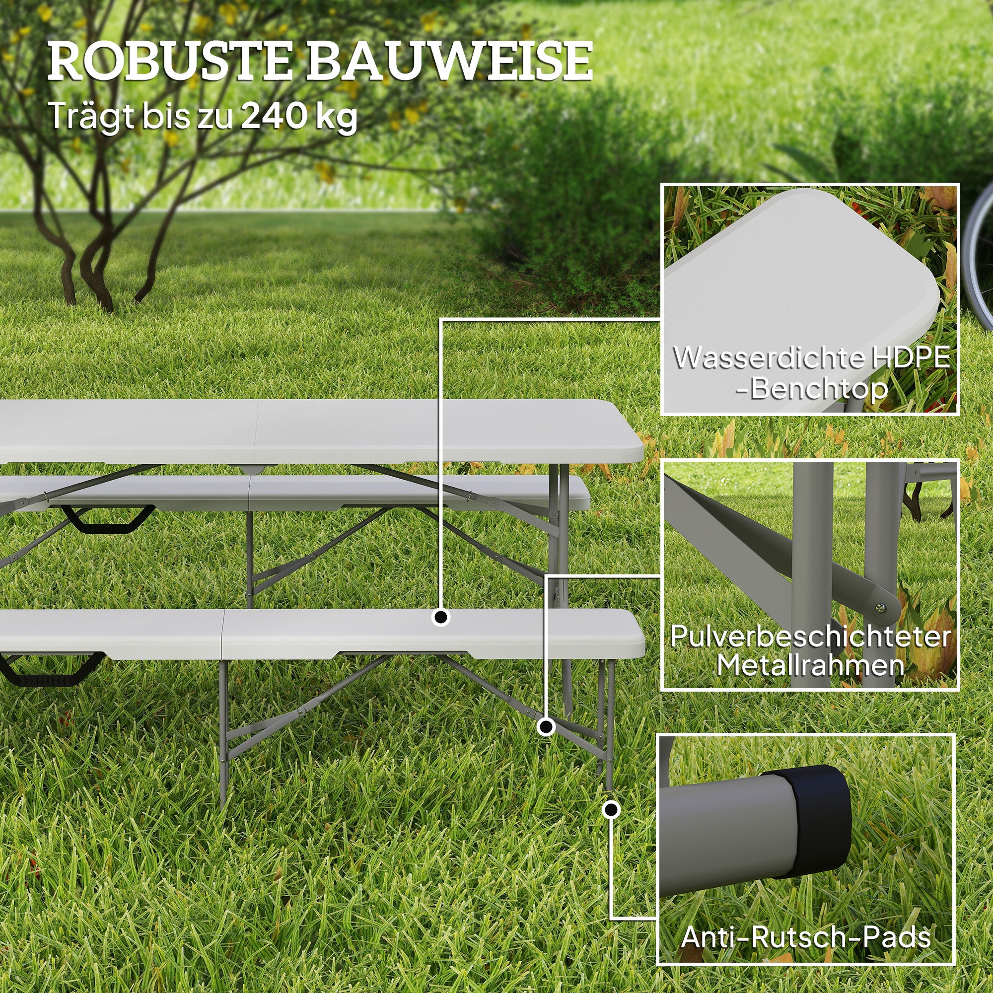 2-Piece Beer Bench Beer Tent Bench Folding Bench 8 People 182cm Foldable Party Bench with Handle, Metal Legs, HDPE Weatherproof Camping Bench for Indoor, Outdoor, Garden Bench up to 240kg White