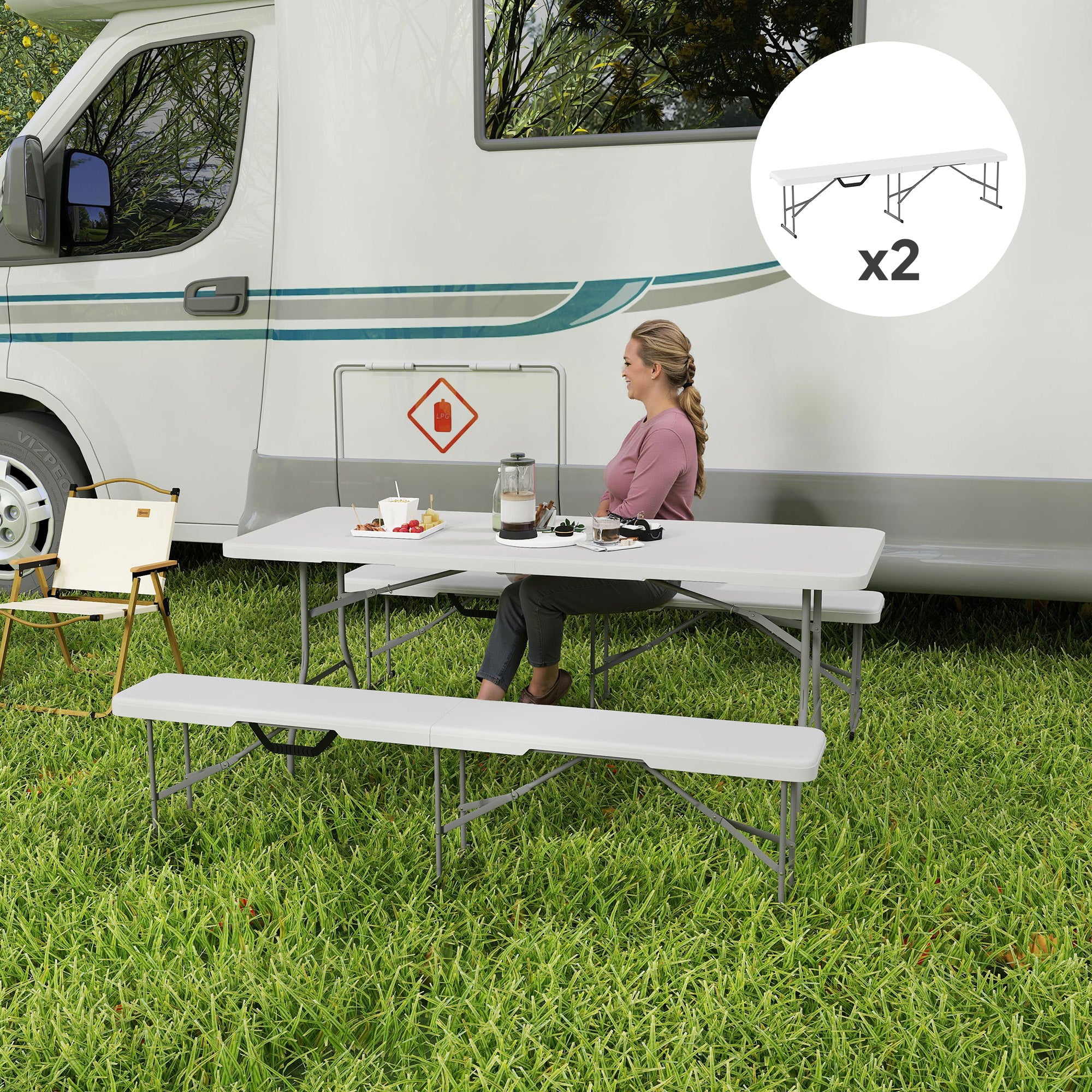 2-Piece Beer Bench Beer Tent Bench Folding Bench 8 People 182cm Foldable Party Bench with Handle, Metal Legs, HDPE Weatherproof Camping Bench for Indoor, Outdoor, Garden Bench up to 240kg White