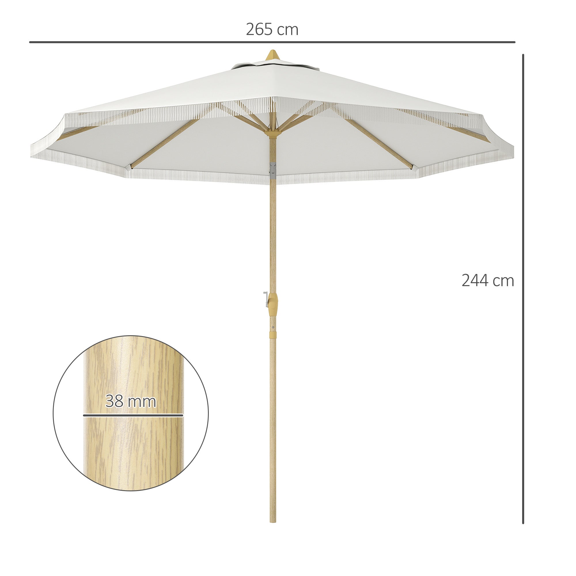 Garden Straight Tilt Umbrella with Crank Fringed Metal Pole Bohemian Style 8 Ribs Ø 265 x 244 cm White
