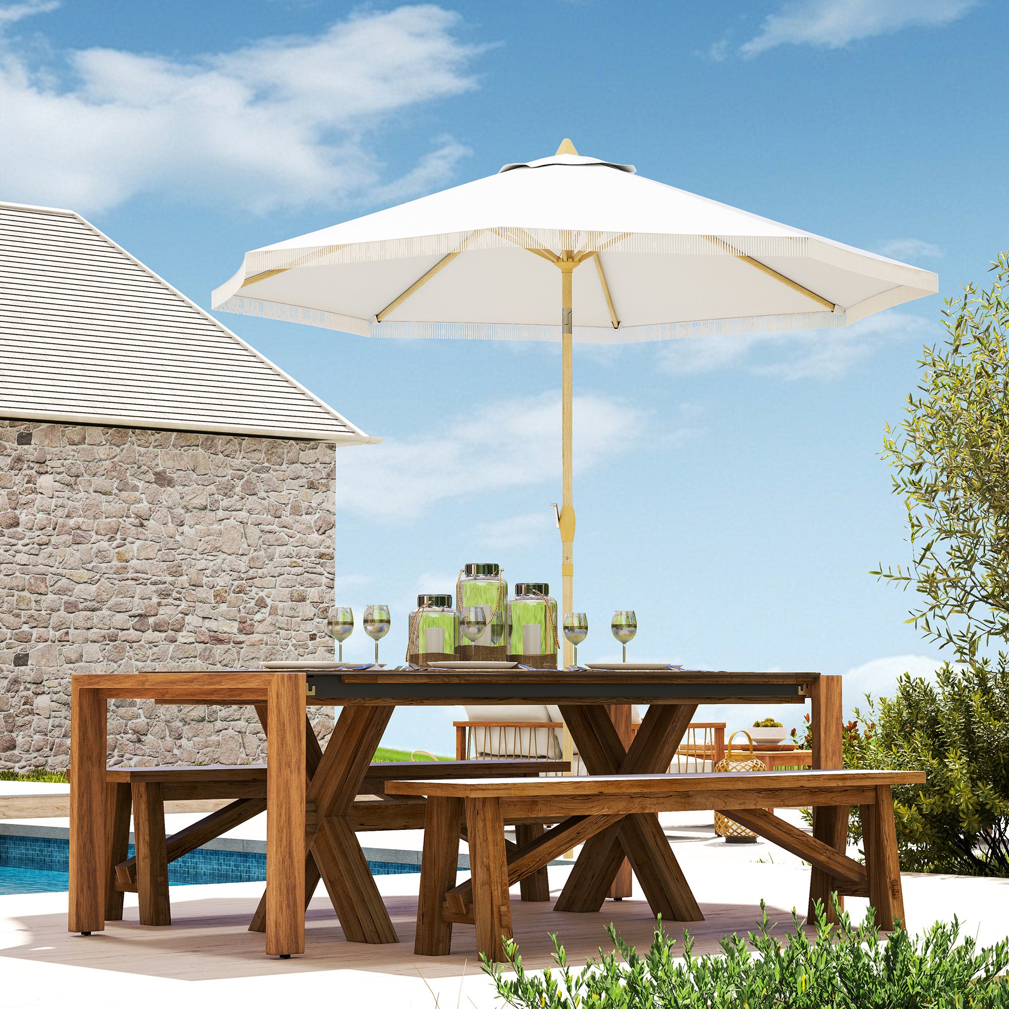 Garden Straight Tilt Umbrella with Crank Fringed Metal Pole Bohemian Style 8 Ribs Ø 265 x 244 cm White