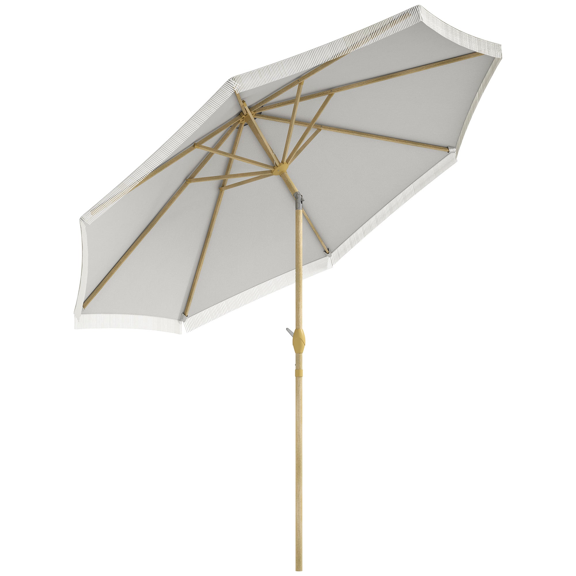 Garden Straight Tilt Umbrella with Crank Fringed Metal Pole Bohemian Style 8 Ribs Ø 265 x 244 cm White