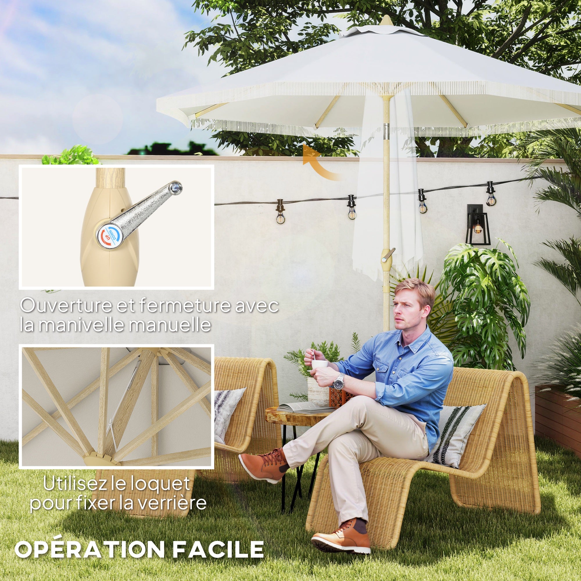 Garden Straight Tilt Umbrella with Crank Fringed Metal Pole Bohemian Style 8 Ribs Ø 265 x 244 cm White