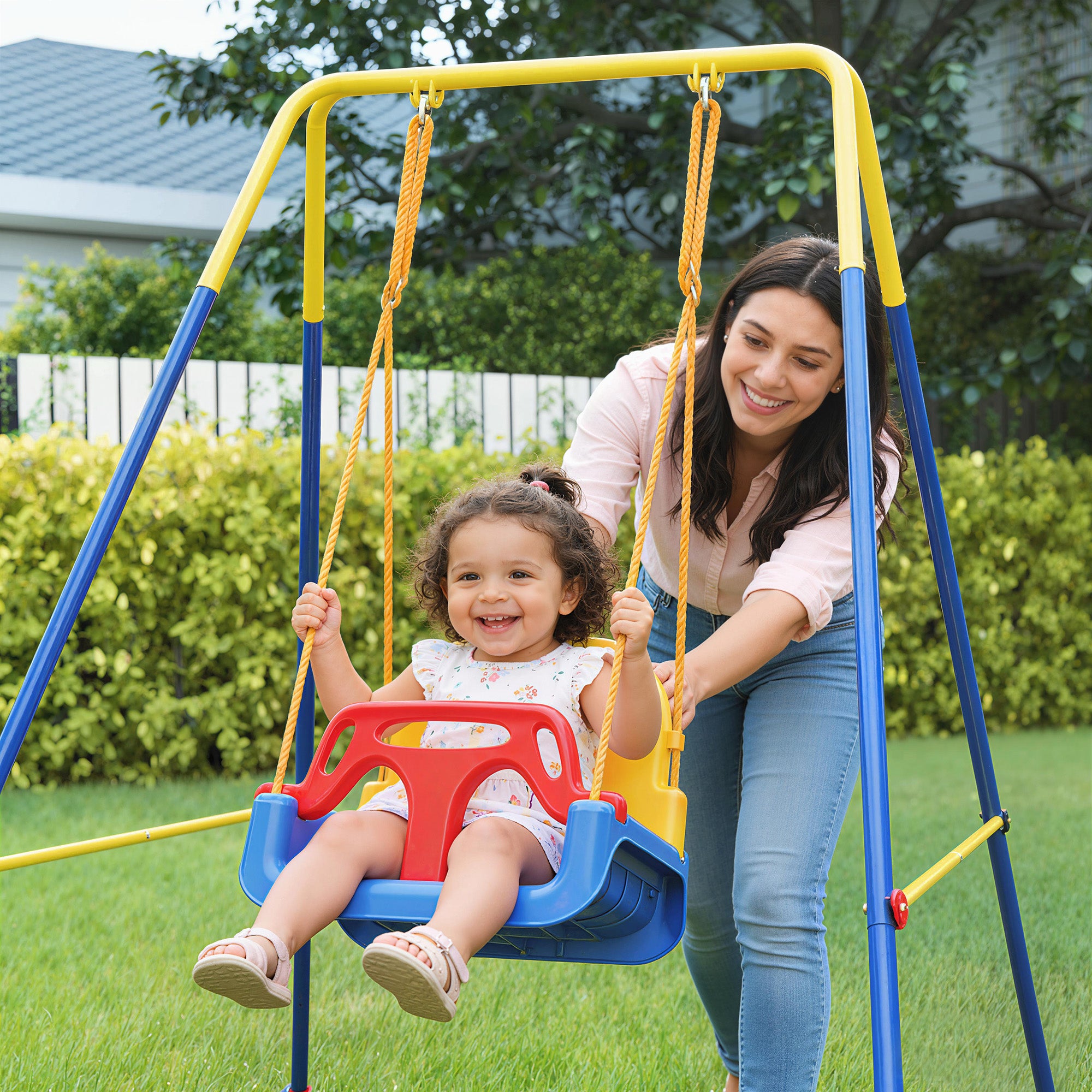 3-in-1 Adjustable Baby Swing with Backrest & Safety Harness — Fits Ages 9 Months–8 Years, Indoor & Outdoor, Blue