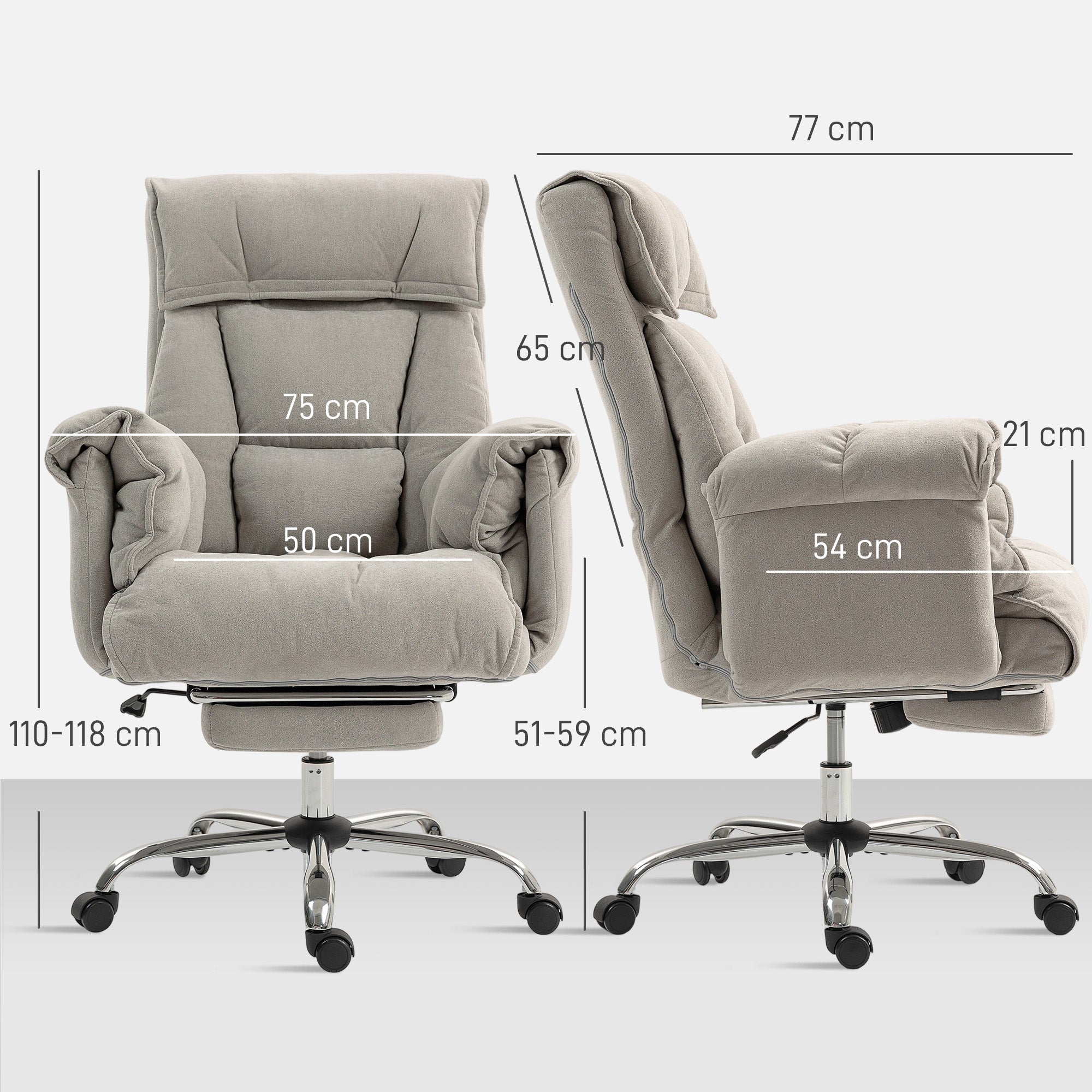 Reclining Office Chair with Footrest — Padded Armrests, High Back, Height-Adjustable Swivel, Velvet-Look Upholstery, Light Gray
