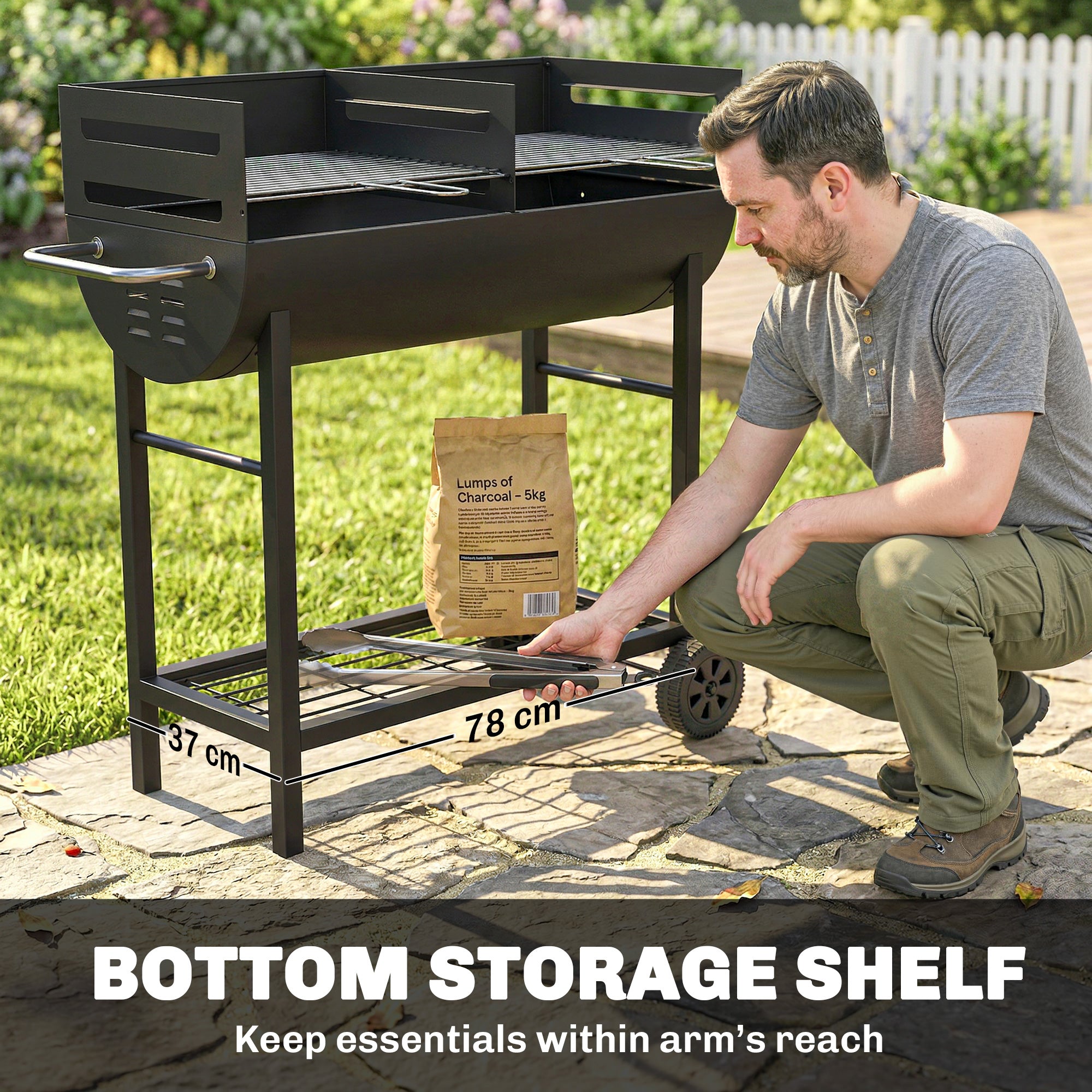 Charcoal Grill Cart with 2 Cooking Zones, Height-Adjustable Grates, Wood Shelf & Wheels – Portable Charcoal Grill for Patio, Picnic, Party (103 x 46.5 x 100 cm / 40.6" x 18.3" x 39.4") Black