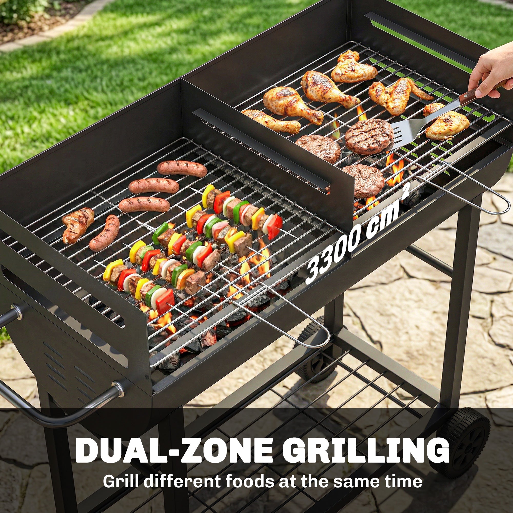 Charcoal Grill Cart with 2 Cooking Zones, Height-Adjustable Grates, Wood Shelf & Wheels – Portable Charcoal Grill for Patio, Picnic, Party (103 x 46.5 x 100 cm / 40.6" x 18.3" x 39.4") Black