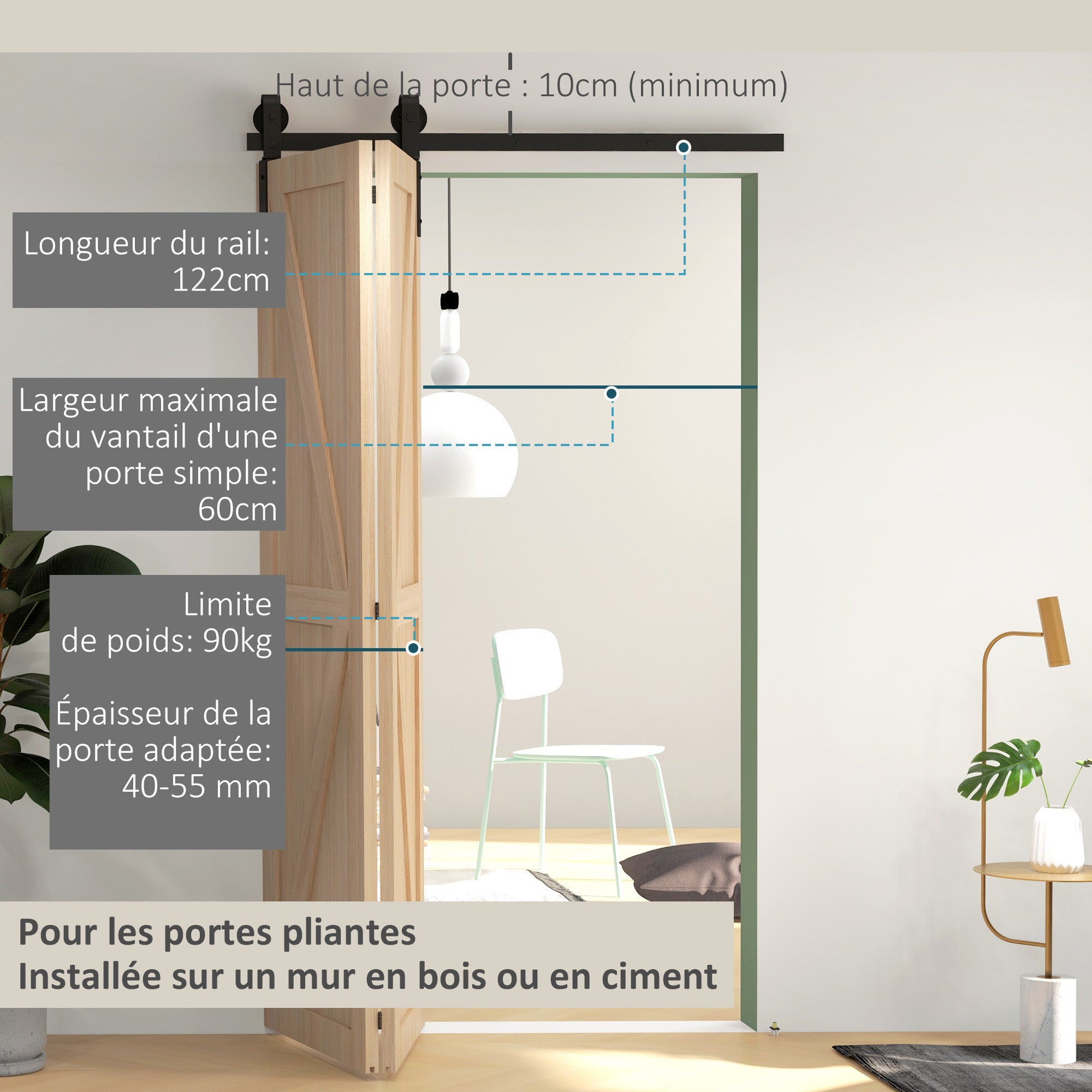 122 CM Sliding Door Hardware Set for Folding Doors Black system for 2 doors with J-shaped hanging