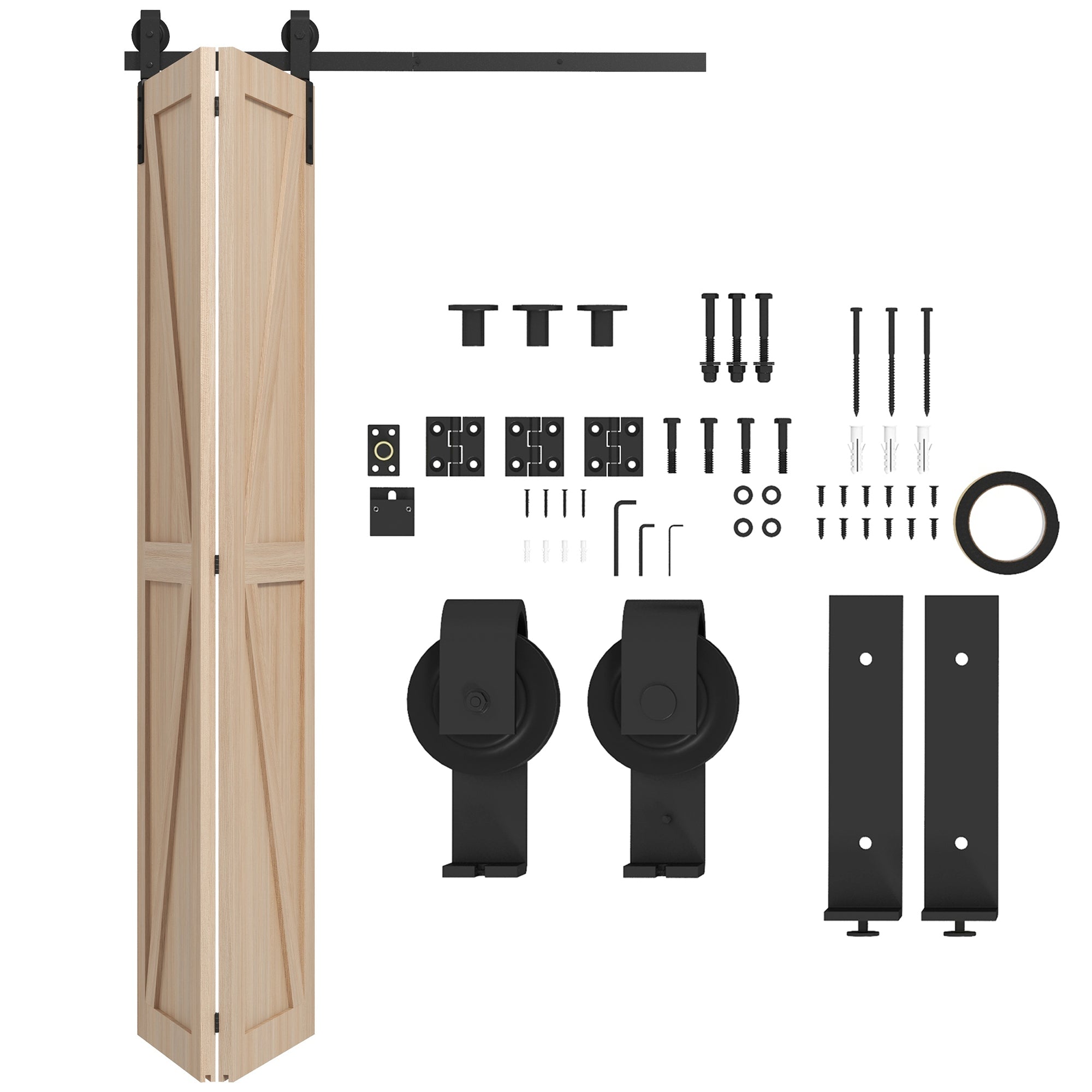 122 CM Sliding Door Hardware Set for Folding Doors Black system for 2 doors with J-shaped hanging