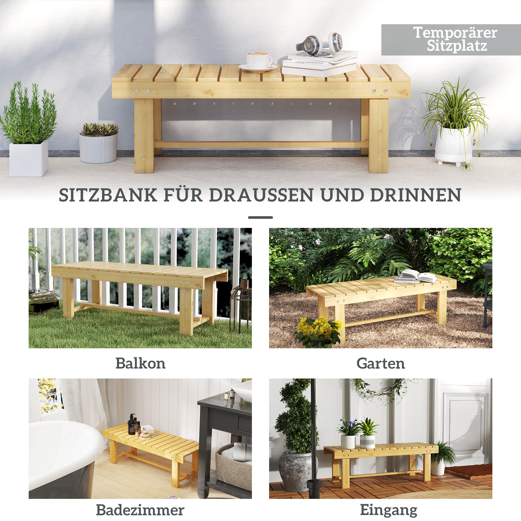 Garden Bench, 2-Seater Bench, Outdoor Furniture, Rustic Bench, Solid Wood, Natural, 110 x 38 x 35 cm