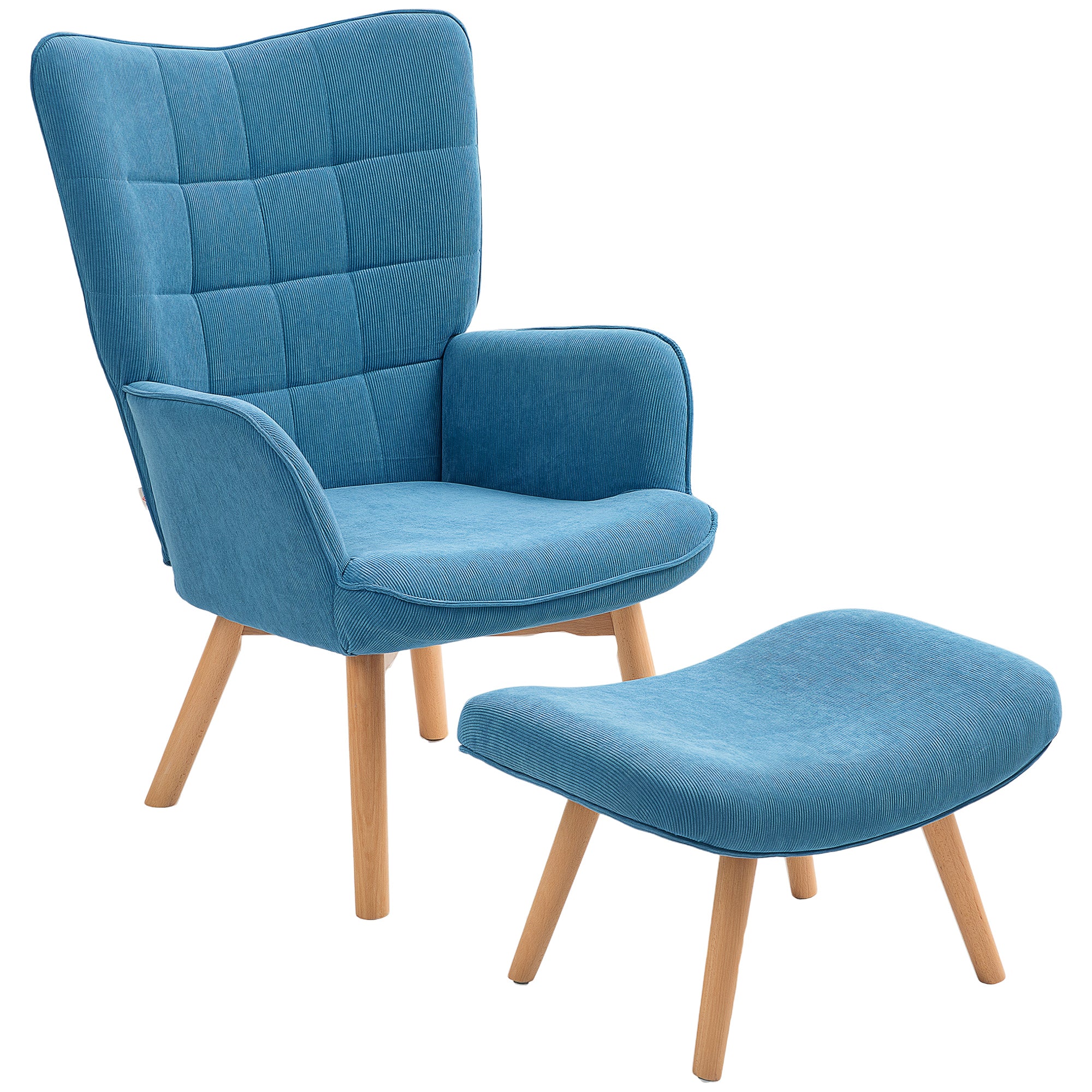 Chair with Ottoman, Wingback Chair with High Backrest, Wooden Legs, Lounge Chair with Tufted Design, Corduroy Look, for Living Room, Blue