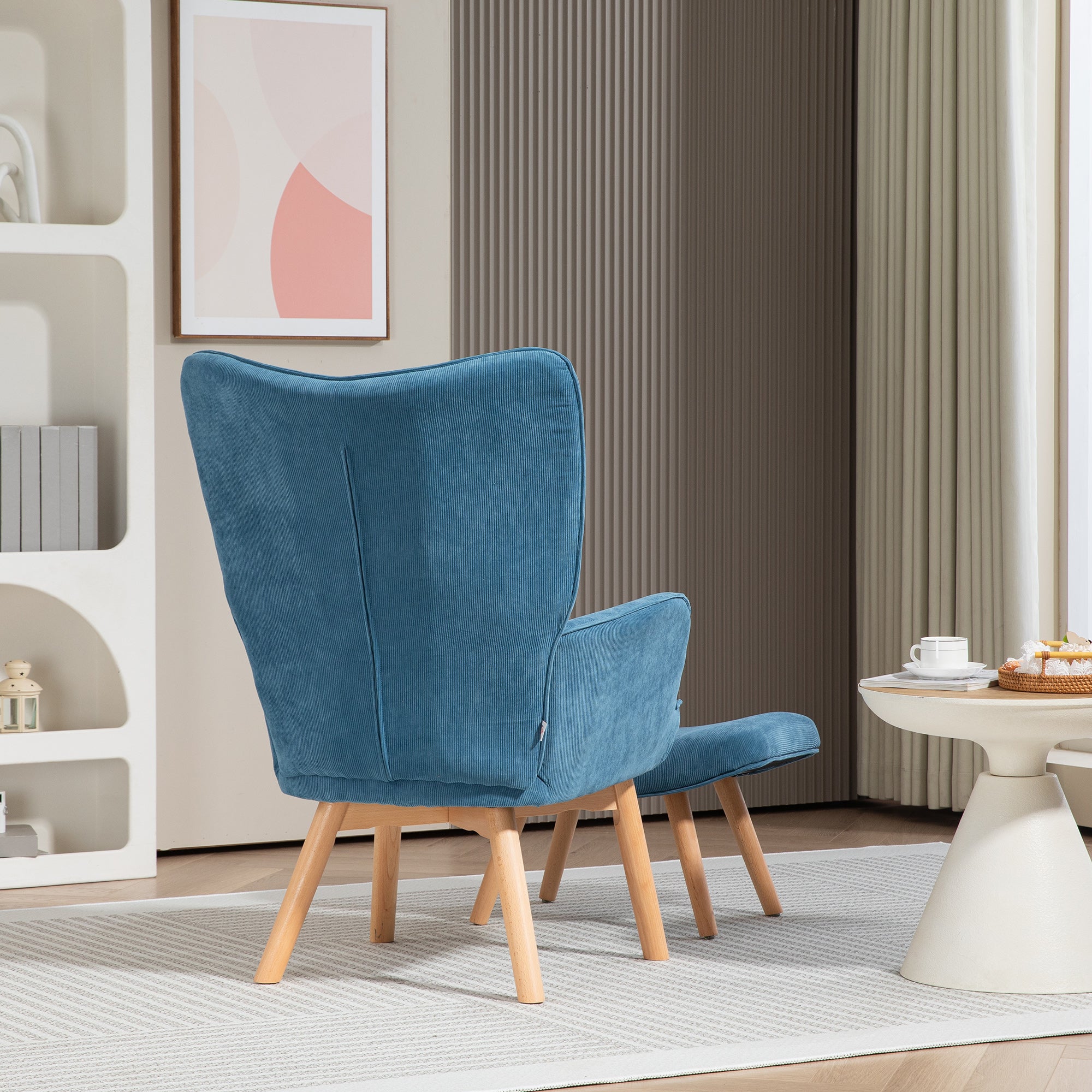 Chair with Ottoman, Wingback Chair with High Backrest, Wooden Legs, Lounge Chair with Tufted Design, Corduroy Look, for Living Room, Blue