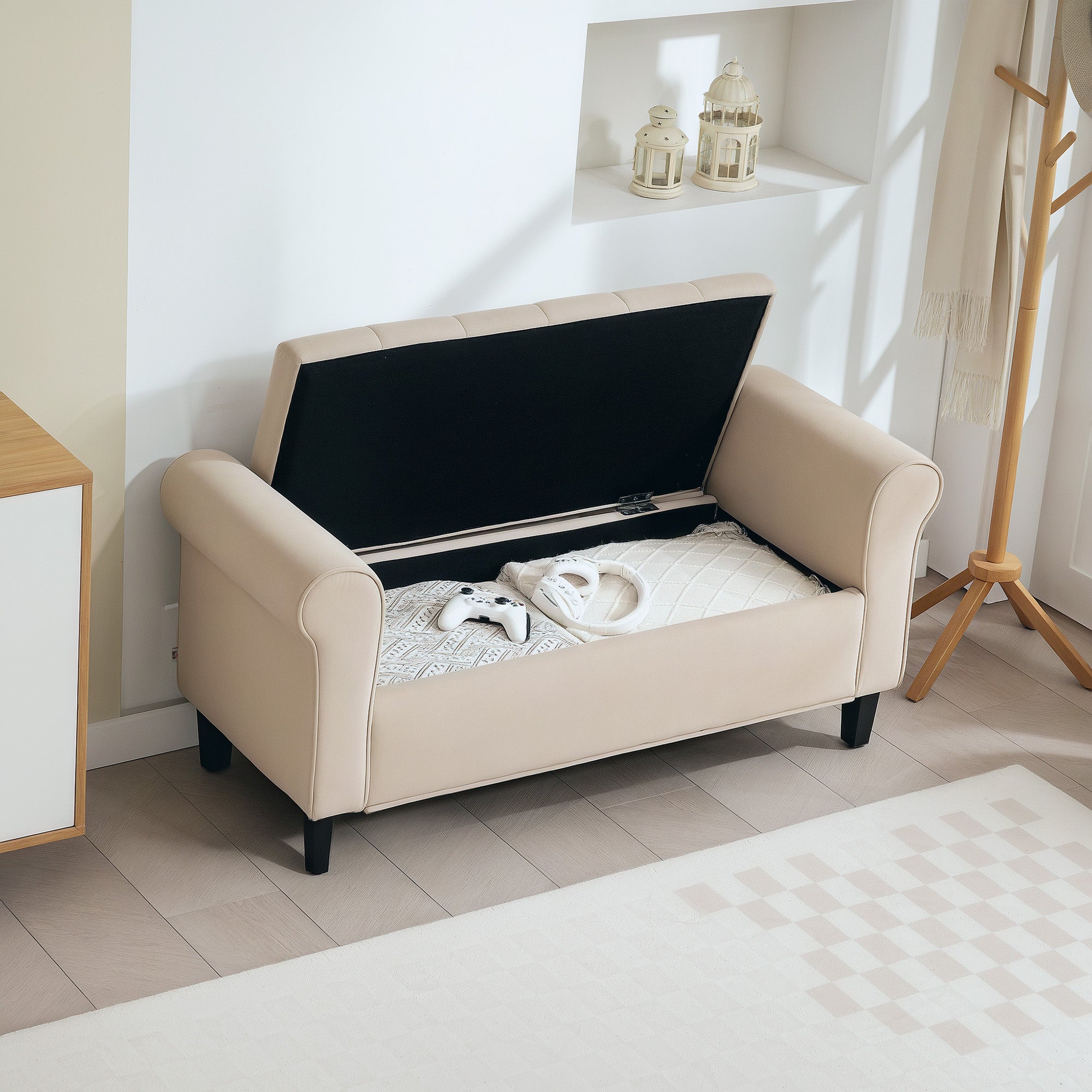 Bedroom Bench with Storage Compartment and Rolled Armrests, Upholstered Bench in Velvet Effect Fabric, for Entryway and Living Room, 126x48.5x57 cm, Beige