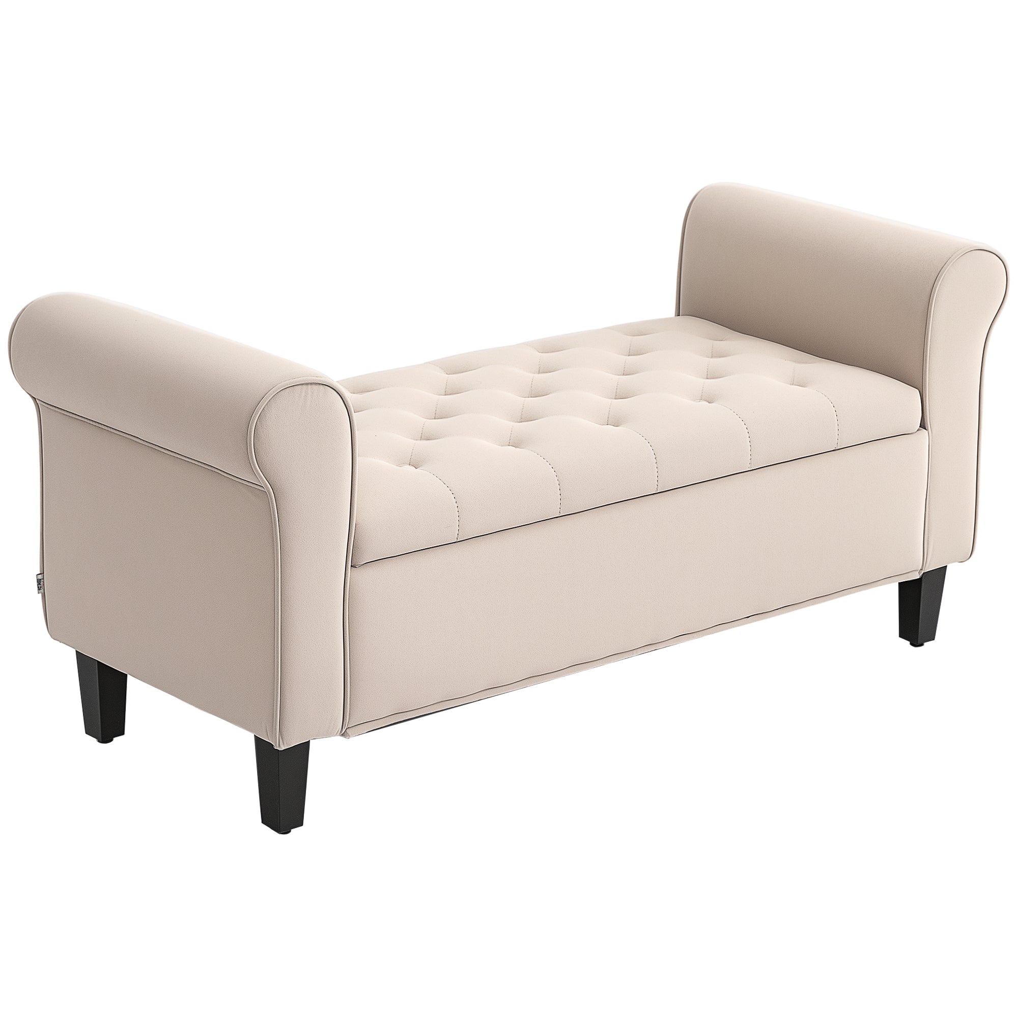 Bedroom Bench with Storage Compartment and Rolled Armrests, Upholstered Bench in Velvet Effect Fabric, for Entryway and Living Room, 126x48.5x57 cm, Beige