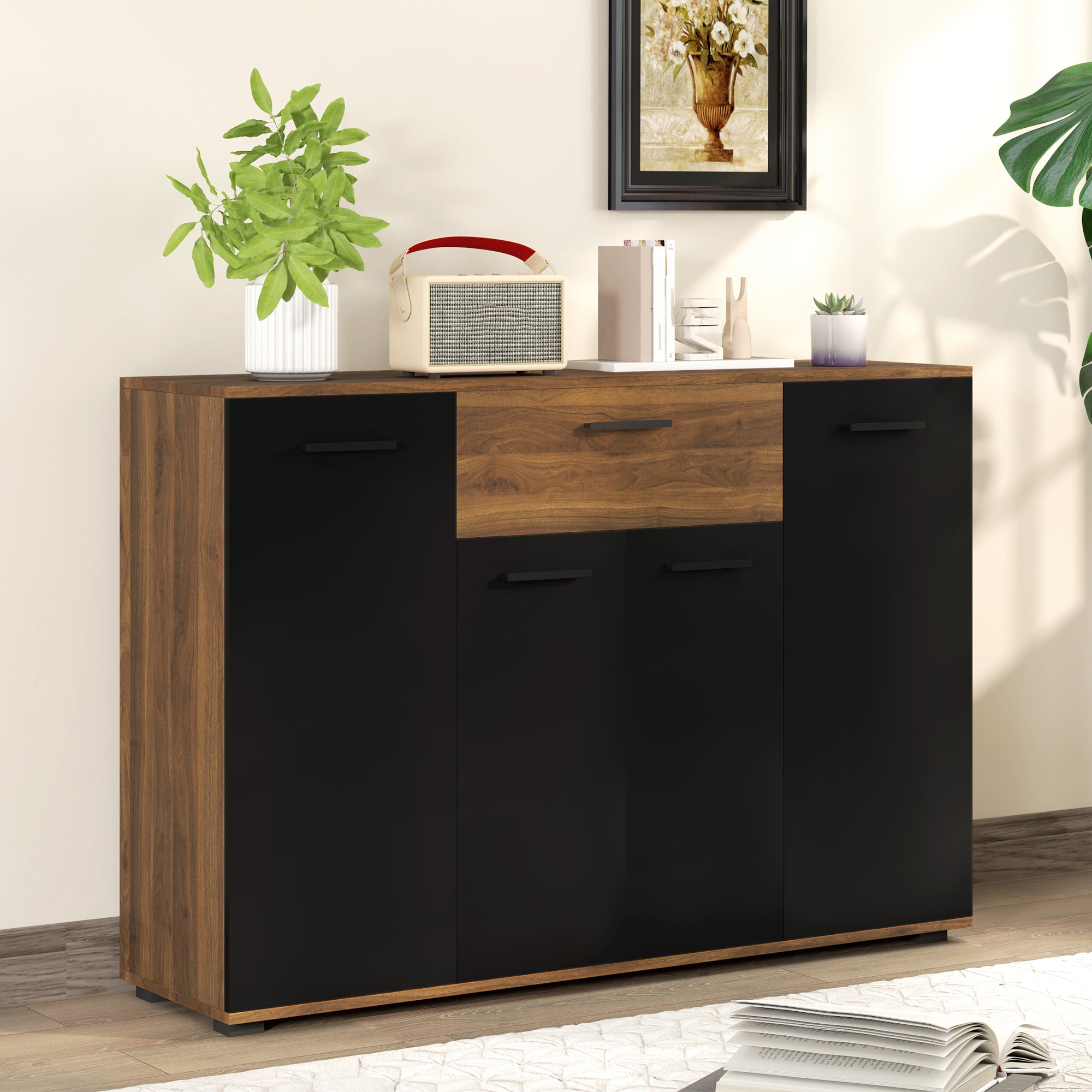 Brown and Black Buffet Storage Cabinet with 4 Cabinets, Drawers, and Adjustable Shelves, Dim. 120 x 35 x 85 cm