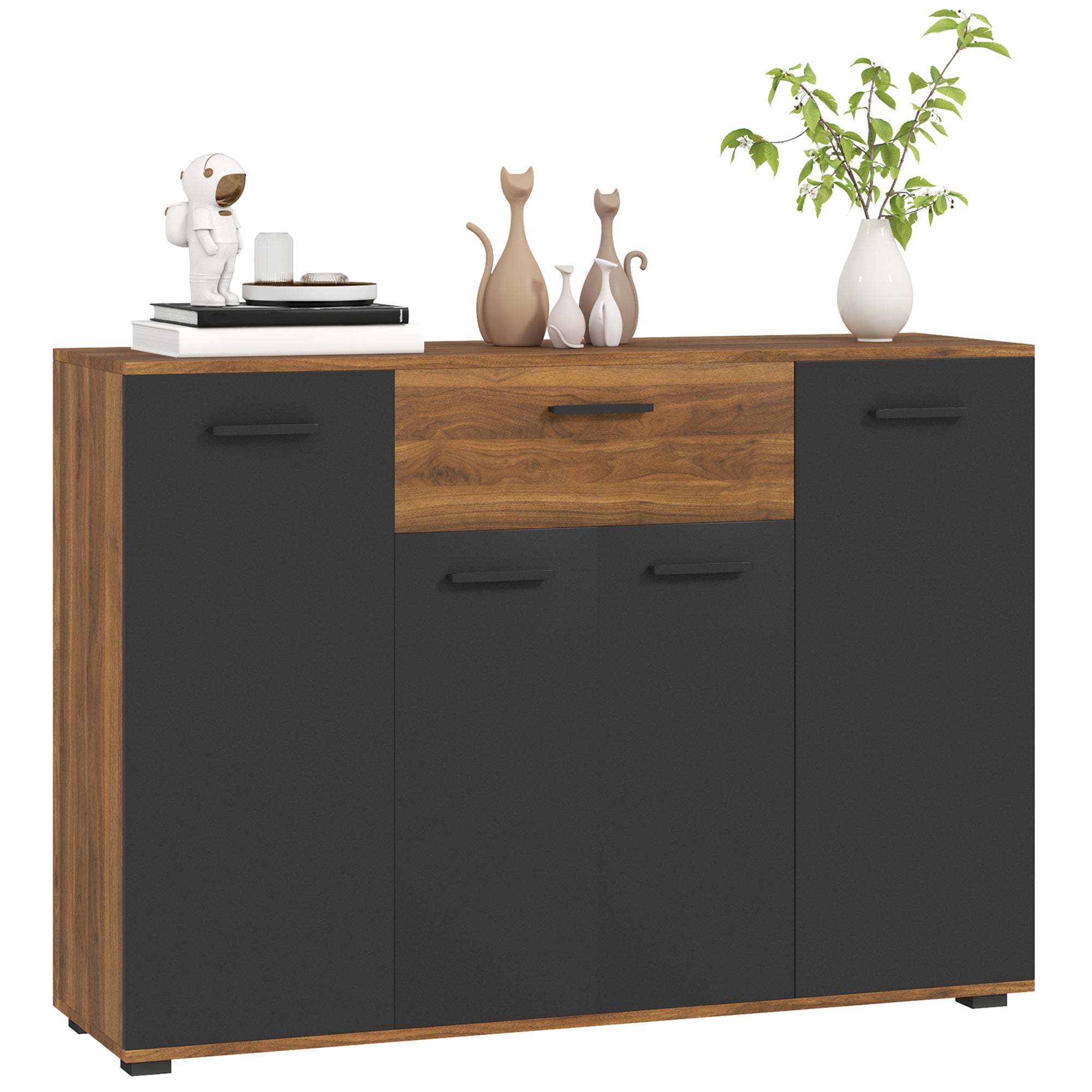 Brown and Black Buffet Storage Cabinet with 4 Cabinets, Drawers, and Adjustable Shelves, Dim. 120 x 35 x 85 cm