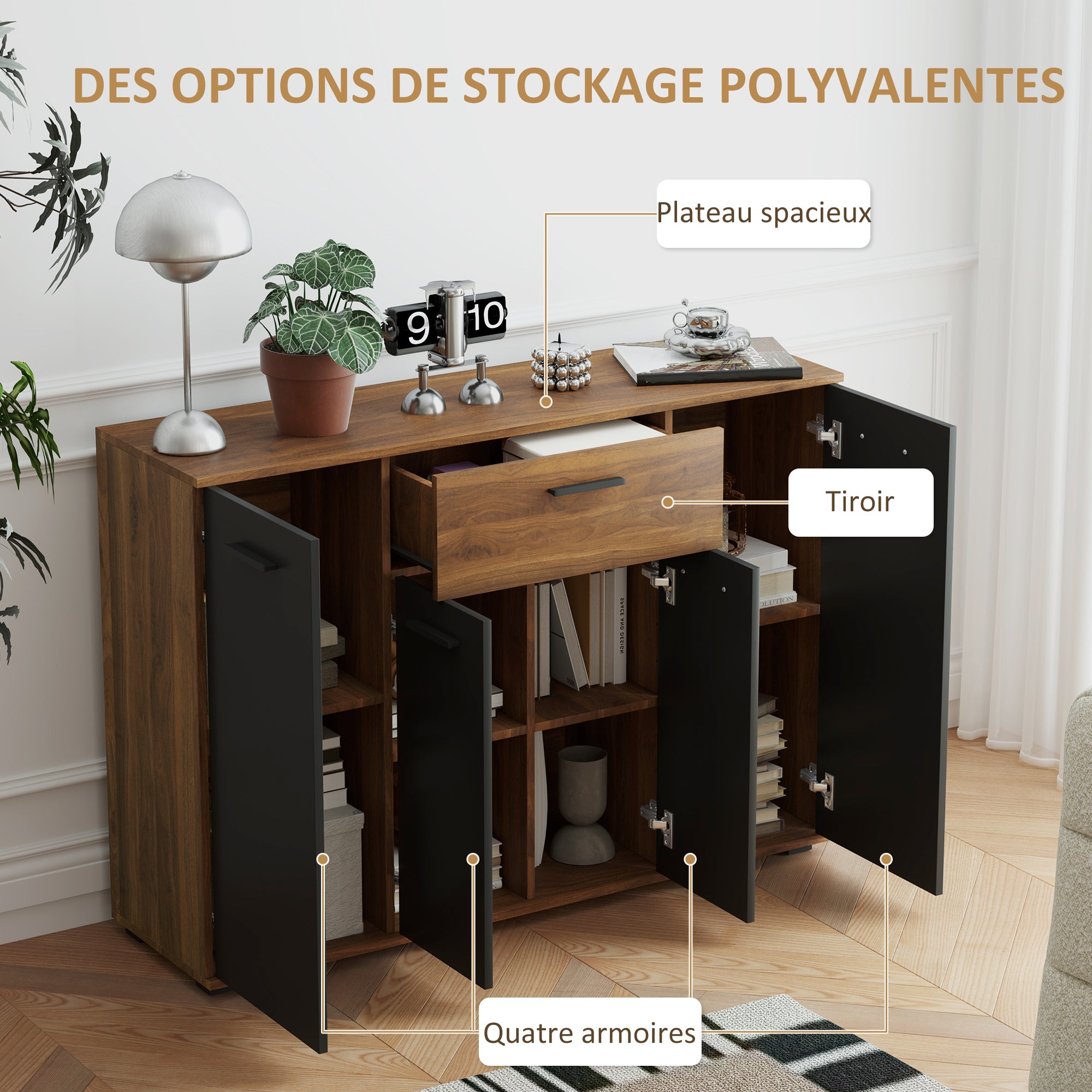 Brown and Black Buffet Storage Cabinet with 4 Cabinets, Drawers, and Adjustable Shelves, Dim. 120 x 35 x 85 cm
