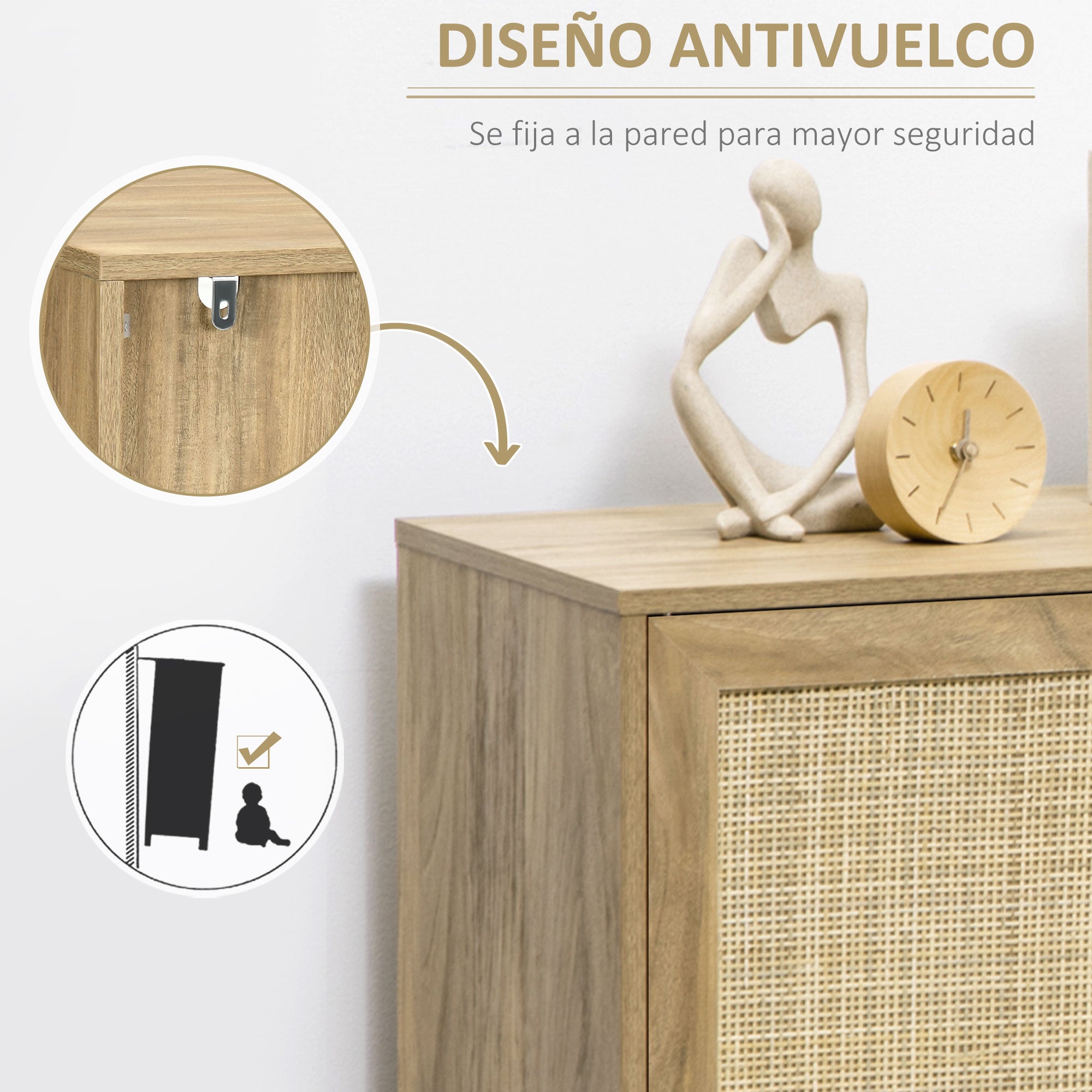 Kitchen Sideboard Buffet Cabinet with Rattan Door and 2 Storage Shelves for Dining Room 80x39x70 cm Natural