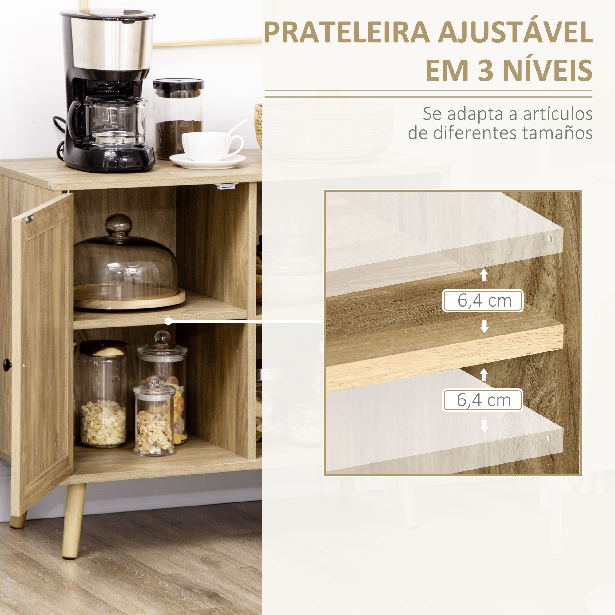 Kitchen Sideboard Buffet Cabinet with Rattan Door and 2 Storage Shelves for Dining Room 80x39x70 cm Natural